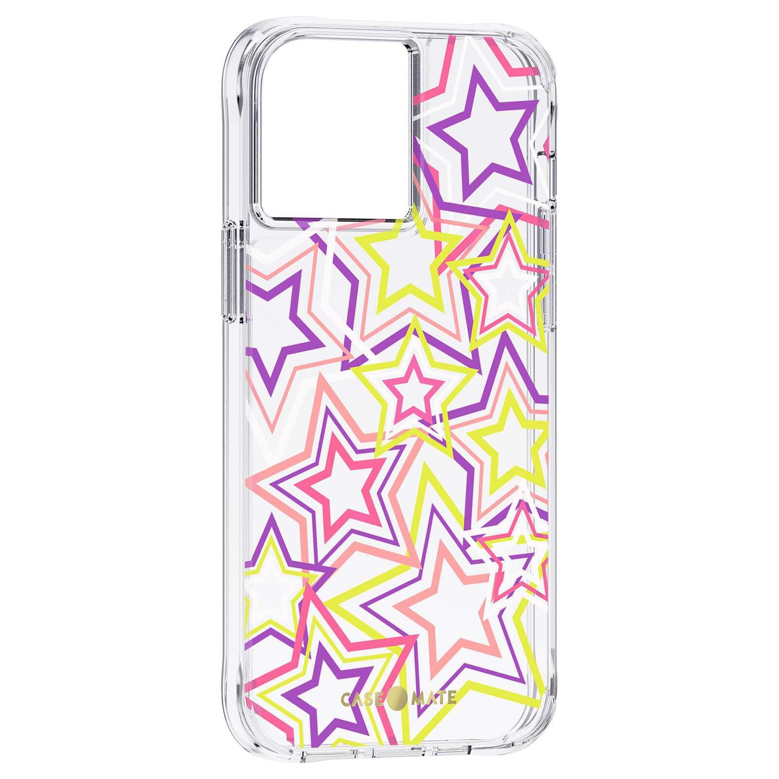 Partially clear case with pink, yellow, purple neon stars for iPhone 13 Pro Max. color::Neon Stars