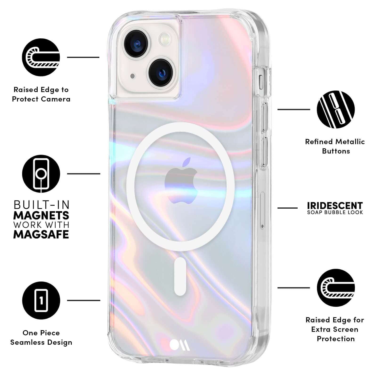 FEATURES: RAISED EDGE TO PROTECT CAMERA, BUILT-IN MAGNETS WORK WITH MAGSAFE, ONE PIECE SEAMLESS DESIGN, REFINED METALLIC BUTTONS, IRIDESCENT SOAP BUBBLE LOOK. COLOR::SOAP BUBBLE