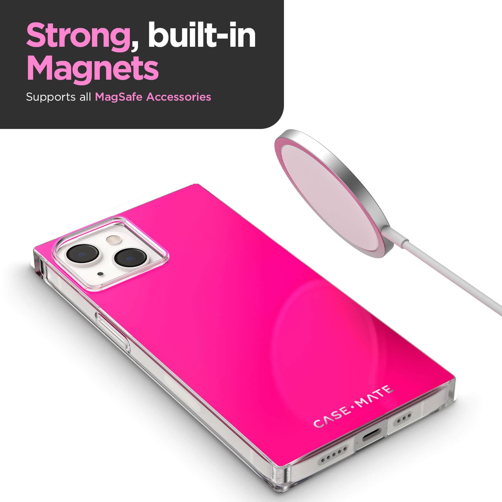 Strong, built-in magnets supports all MagSafe accessories. color::Hot Pink
