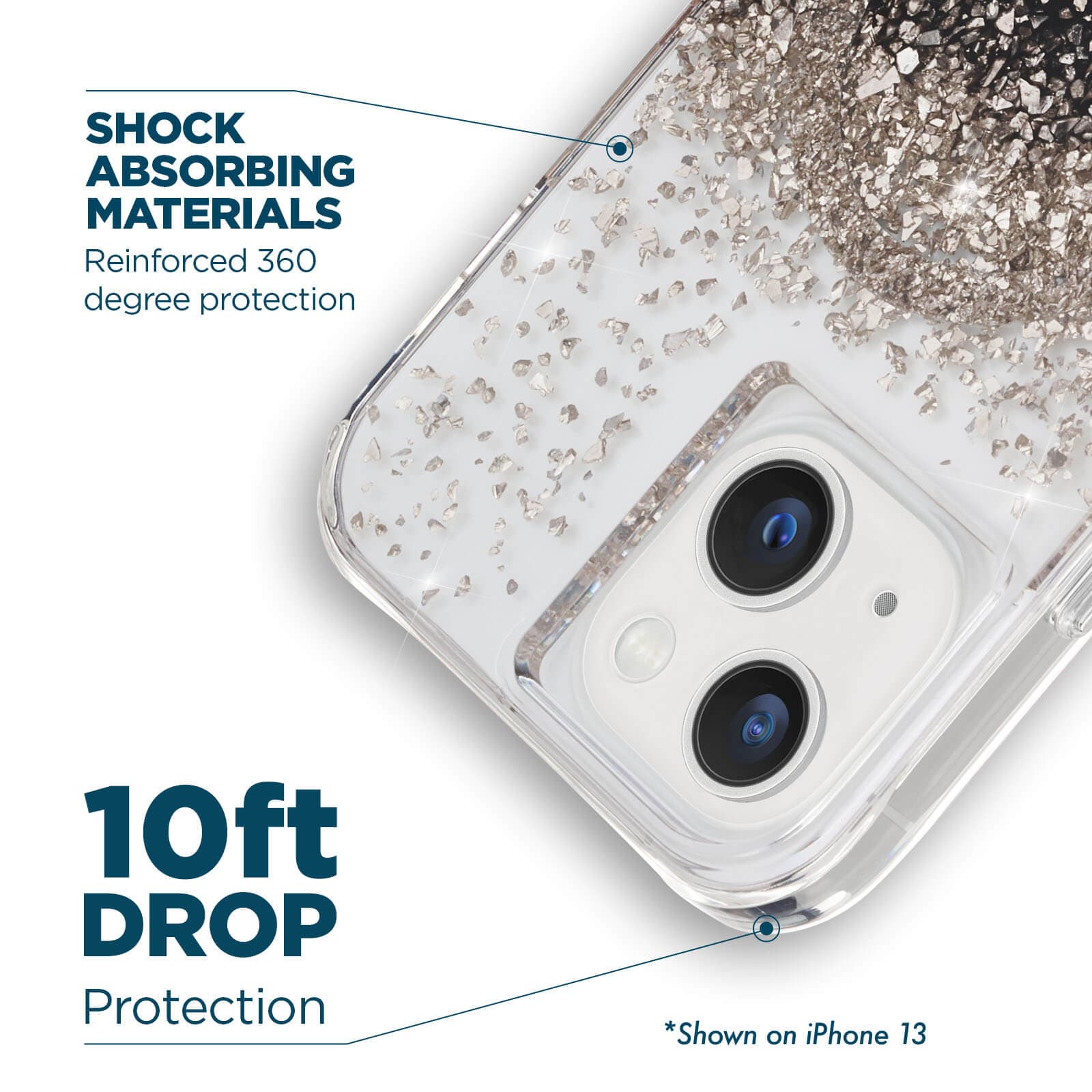 Shock absorbing materials reinforced 360 degree protection. 10ft drop protection. *shown on iPhone 13. color::Karat Onyx