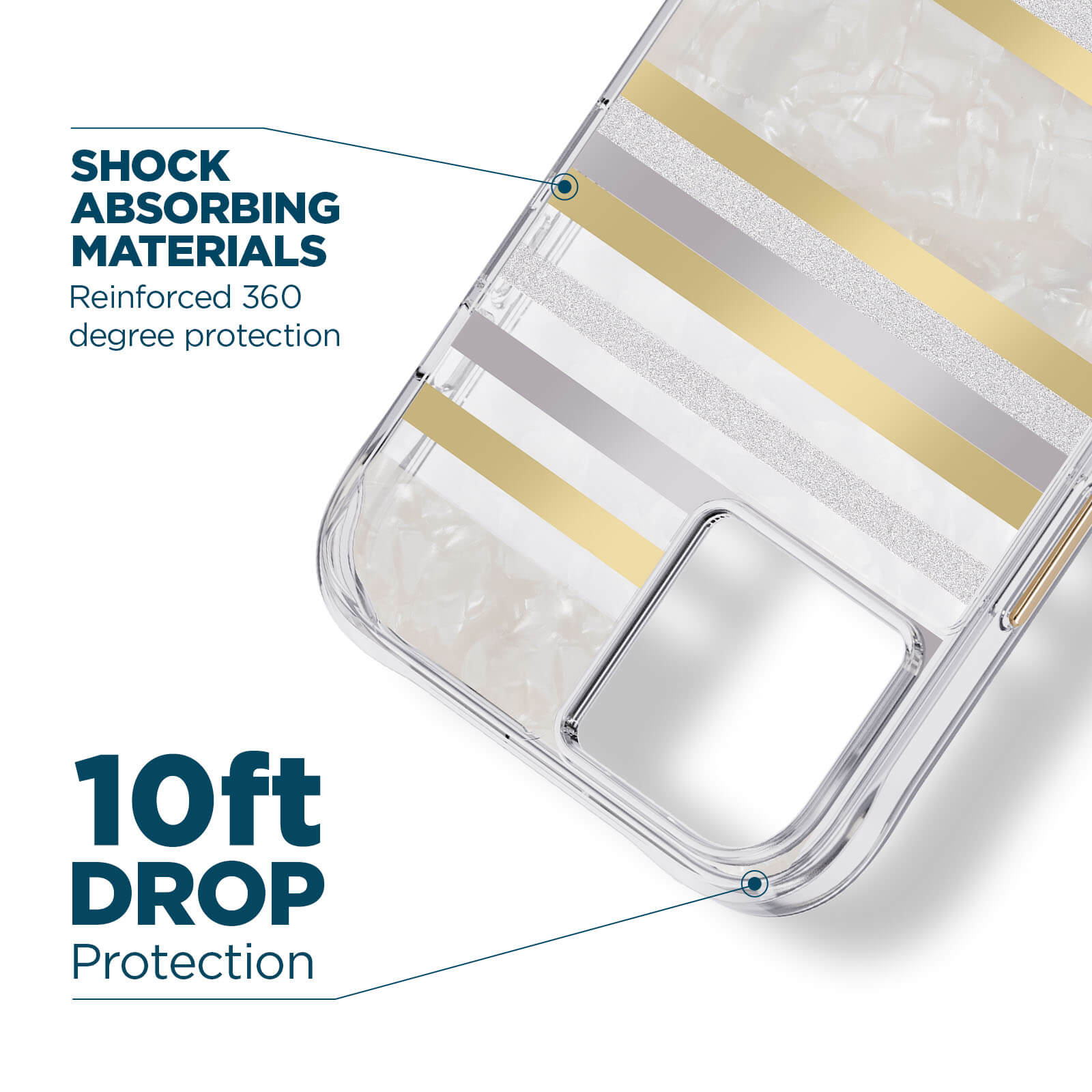 Shock absorbing materials. Reinforced 360 degree protection. 10ft drop protection. color::pearl