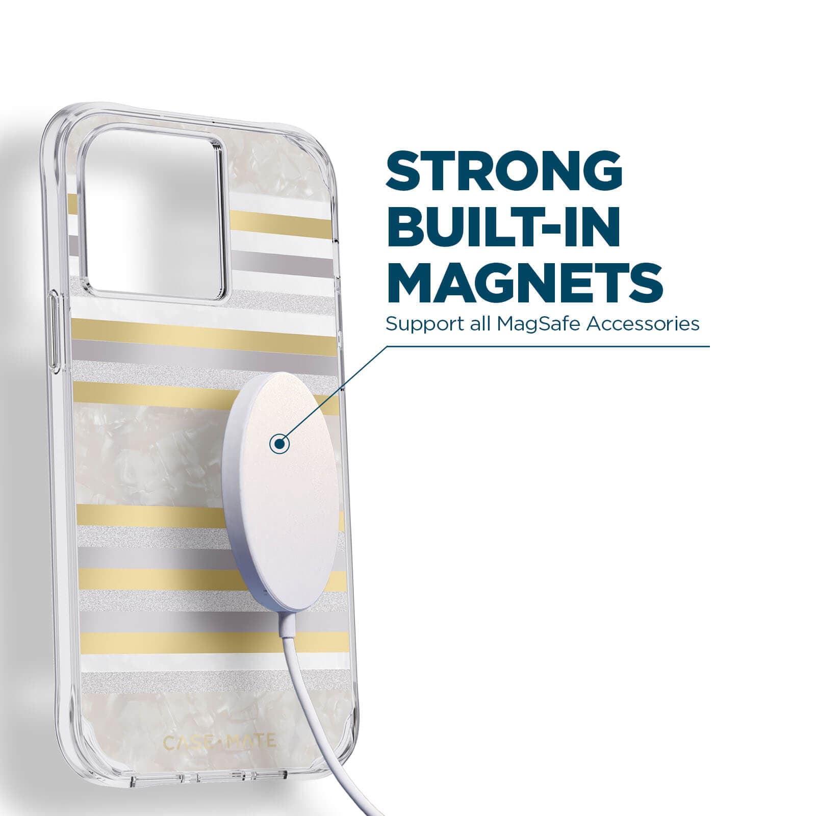 Strong built-in Magnets support all MagSafe accessories. color::pearl