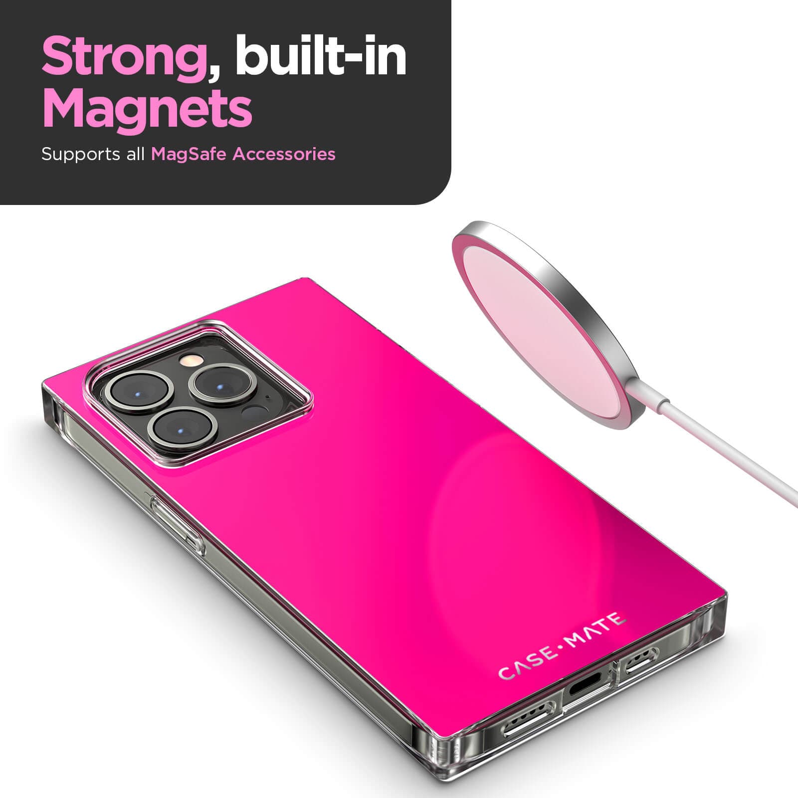 Strong, built-in magnets supports all MagSafe accessories. color::Hot Pink