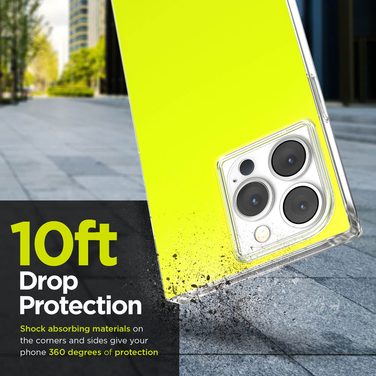10ft drop protection. Shock absorbing materials on the corners and sides give your phone 360 degrees of protection. color::Neon Yellow