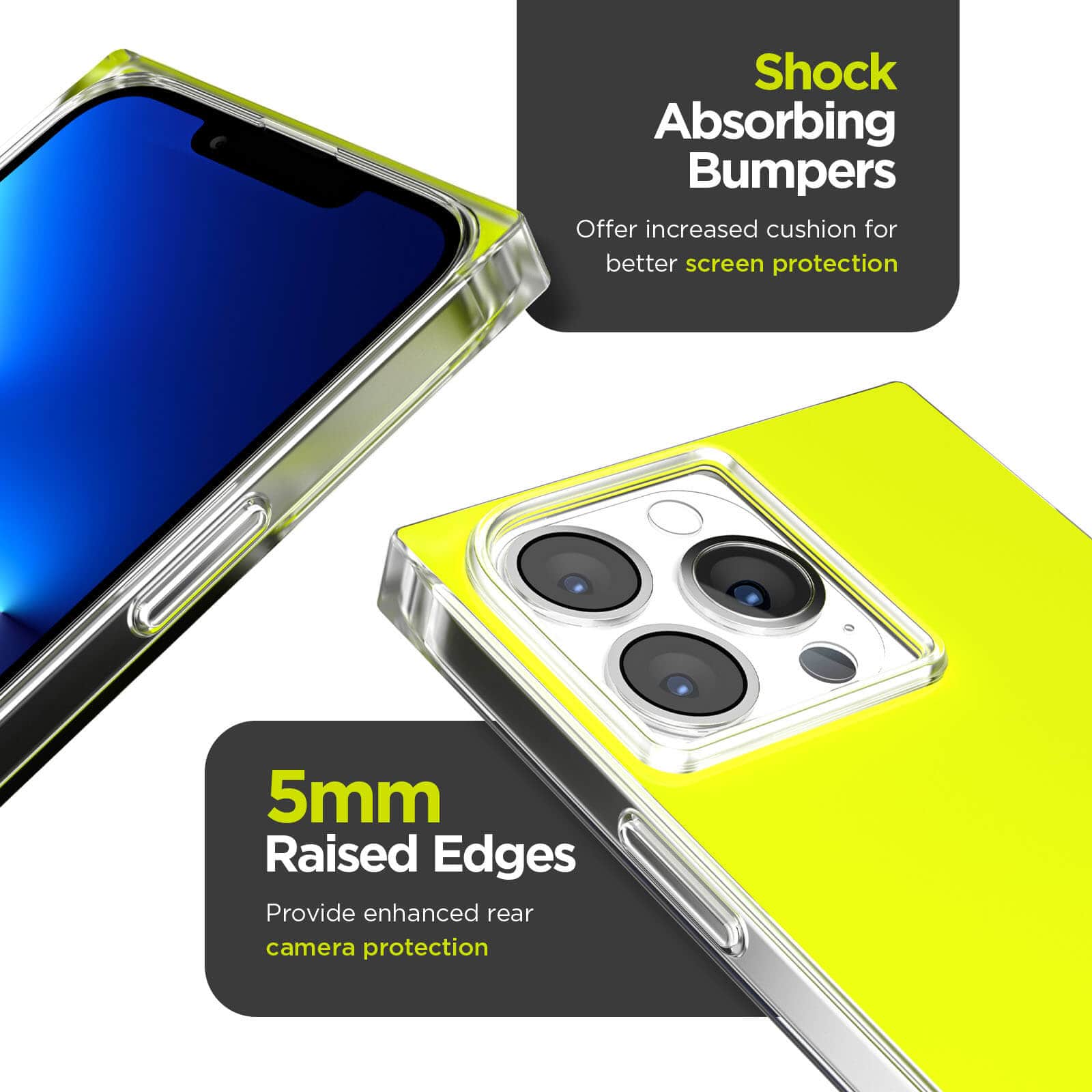 Shock absorbing bumpers offer increased cushion for better screen protection. 5mm raised edges provided enhanced rear camera protection. color::Neon Yellow