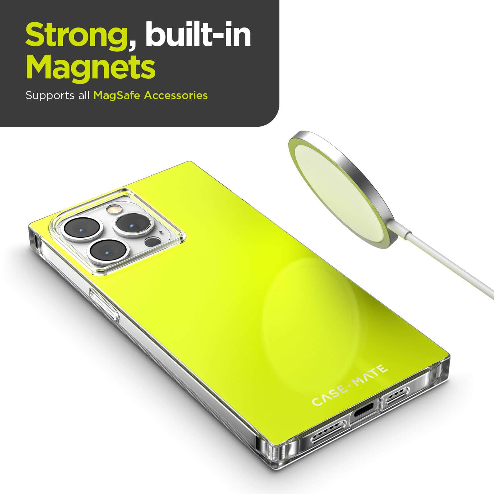 Strong, built-in magnets support all MagSafe accessories. color::Neon Yellow