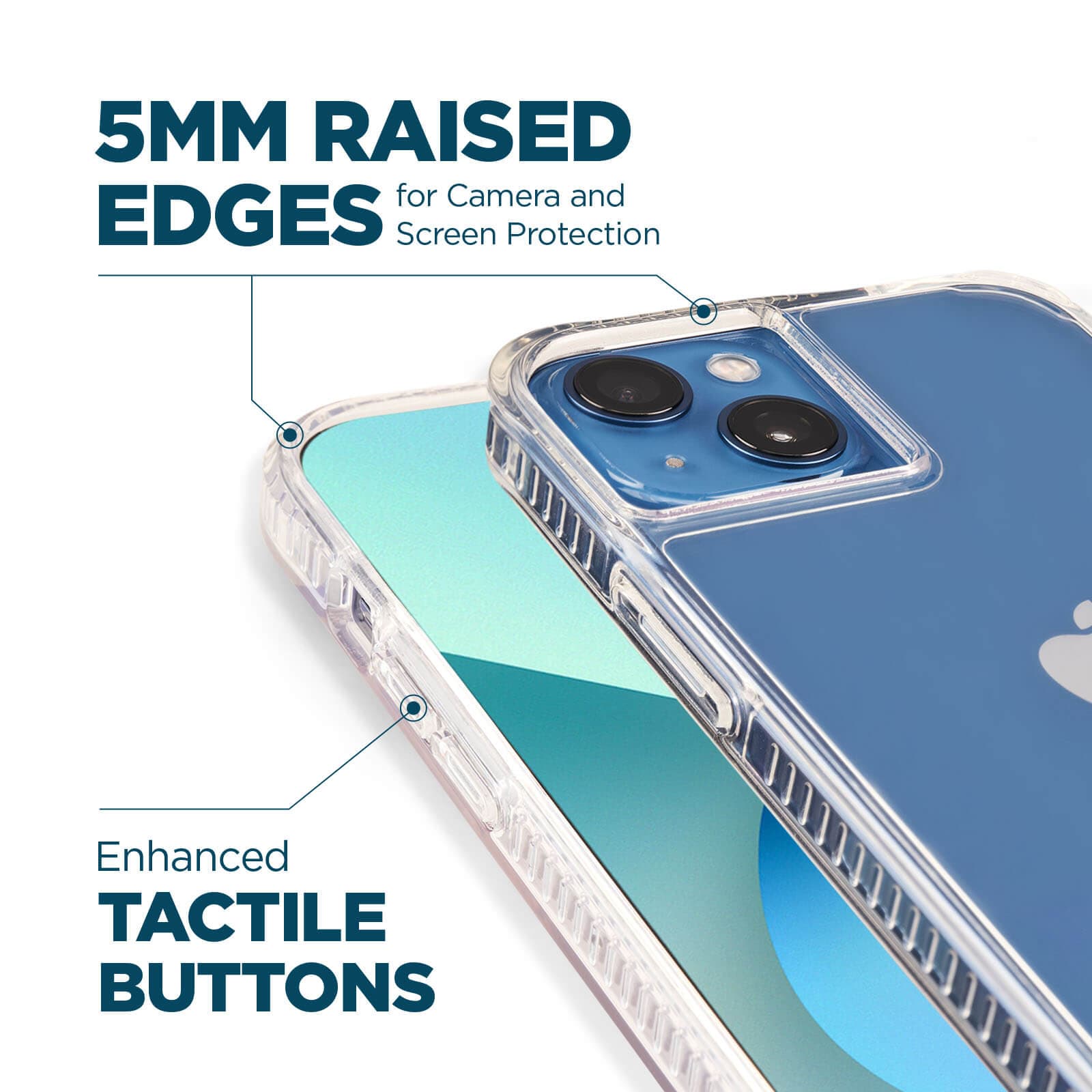 5mm Raised edges for camera and screen protection. Enhanced tactile buttons. color::Clear
