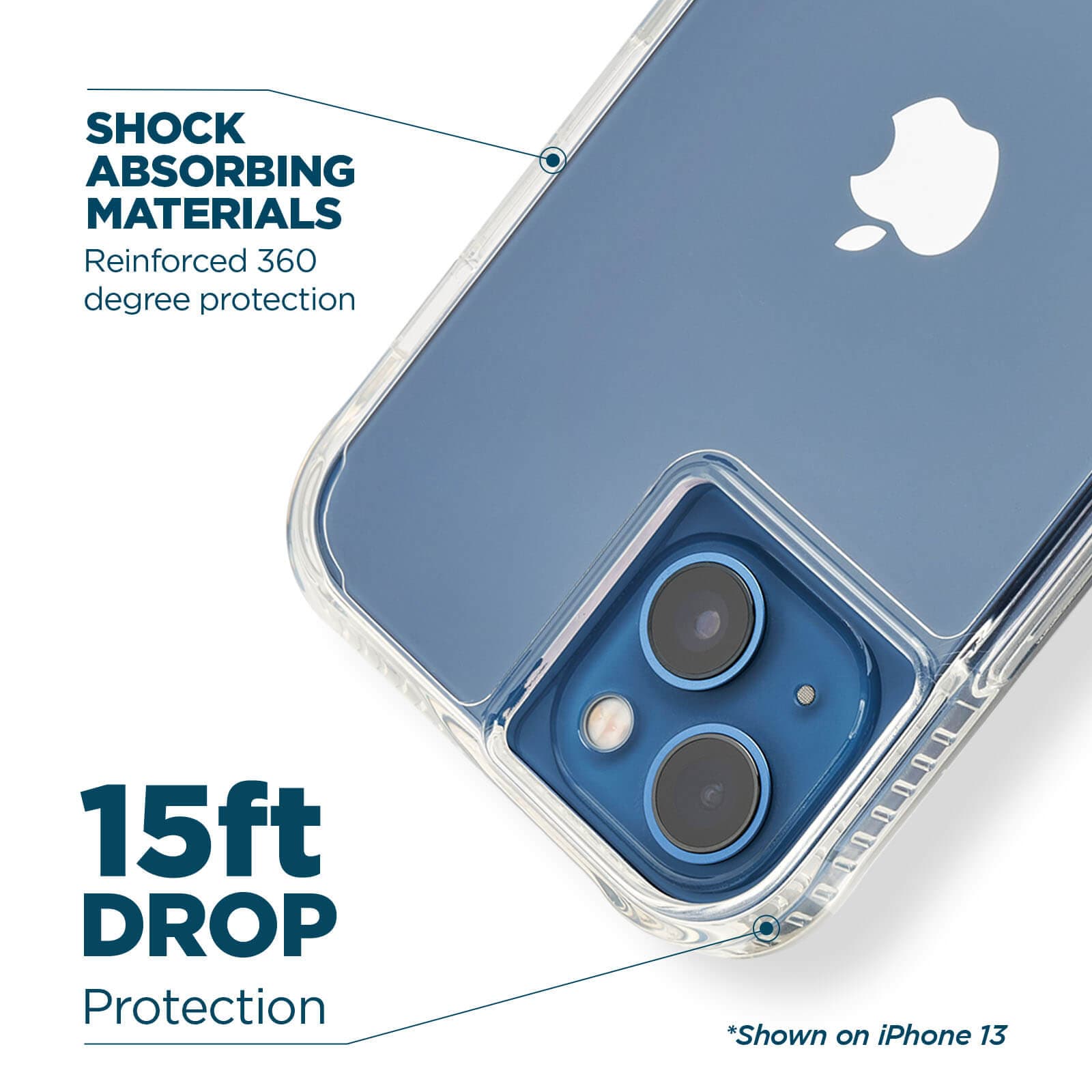 Shock absorbing materials reinforced 360 degree protection. 15 ft drop protection. shown on iPhone 13. color::clear