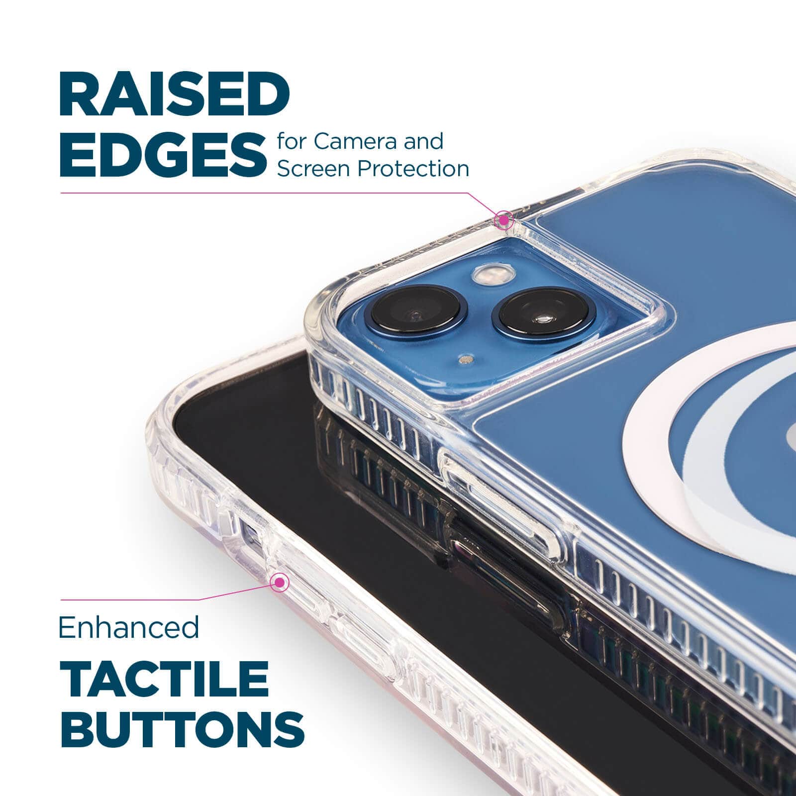 Raised edges for camera and screen protection. Enhanced tactile buttons. color::Clear