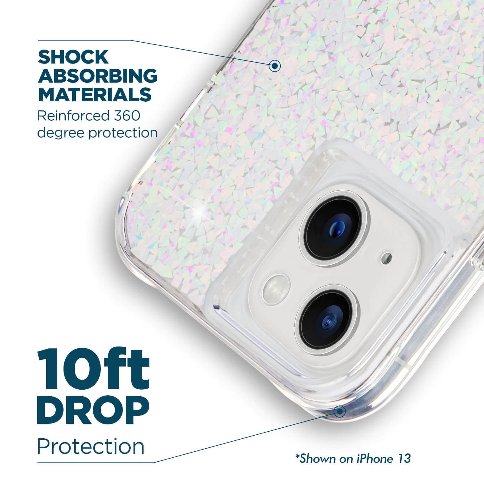 Shock absorbing materials reinforced 360 degree protection. 10ft drop protection. *shown on iPhone 13. color::Twinkle Diamond