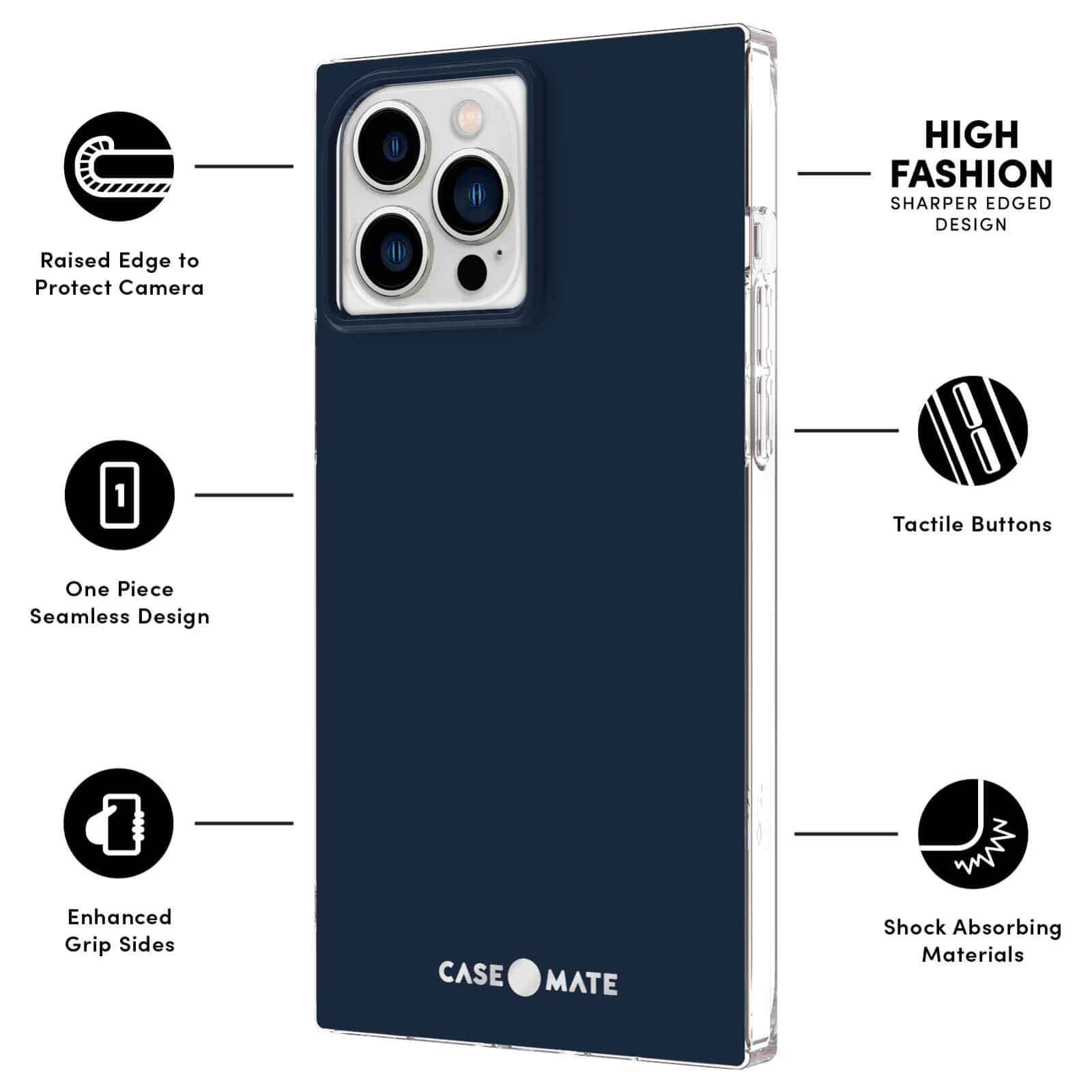 FEATURES: RAISED EDGE TO PROTECT CAMERA, ONE PIECE SEAMLESS DESIGN, ENHANCED GRIP SIDES, HIGH FASHION SHARPR EDGED DESIGN, TACTILE BUTTONS, SHOCK ABSORBING MATERIALS. COLOR::NAVY