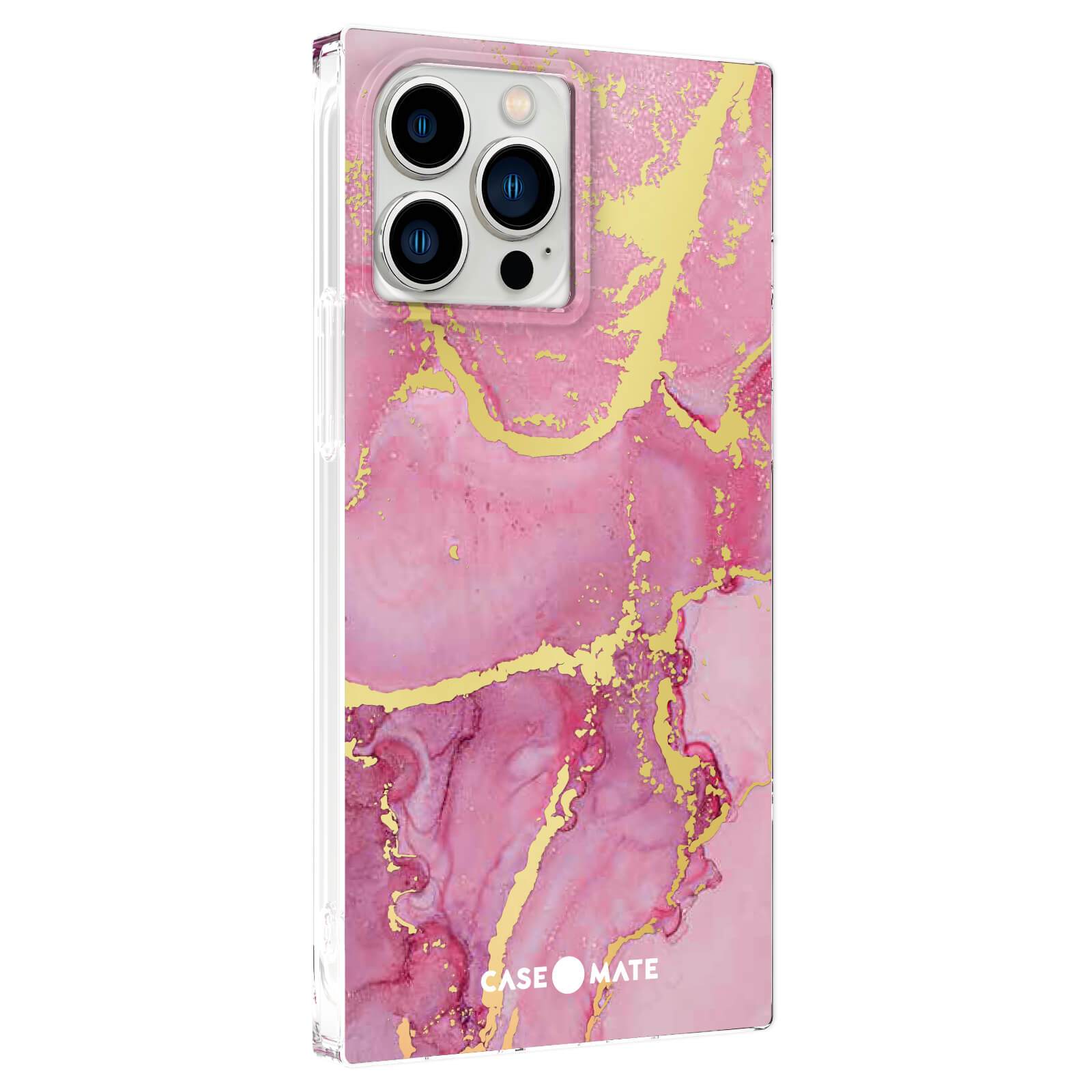 Pink and gold marble square iPhone 13 Pro case. color::Magenta Marble