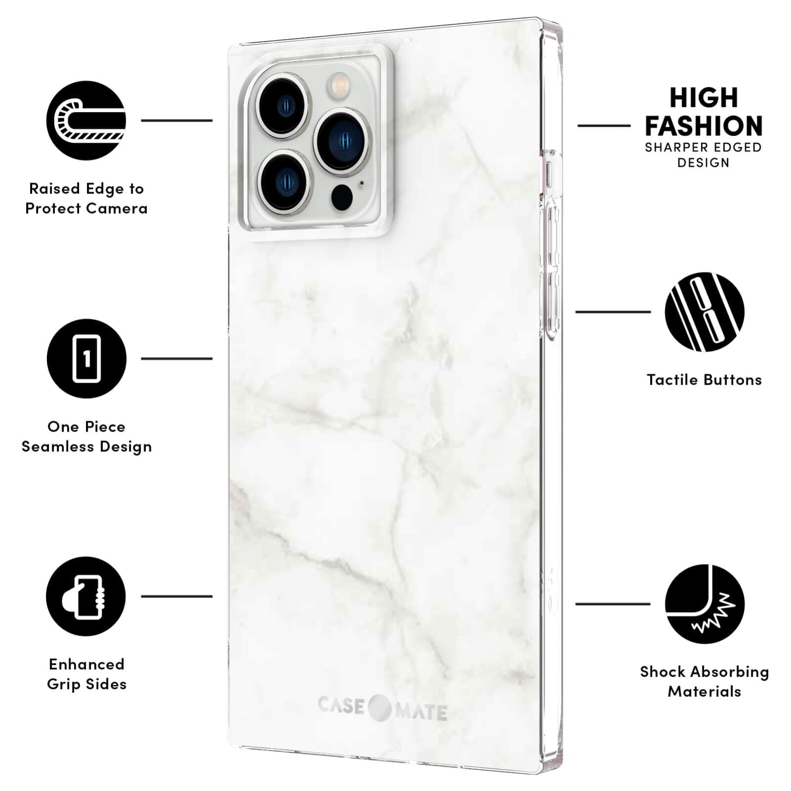 FEATURES: RAISED EDGE TO PROTECT CAMERA, ONE PIECE SEAMLESS DESIGN, ENHANCED GRIP SIDES, HIGH FASHION SHARPR EDGED DESIGN, TACTILE BUTTONS, SHOCK ABSORBING MATERIALS. COLOR::WHITE MARBLE