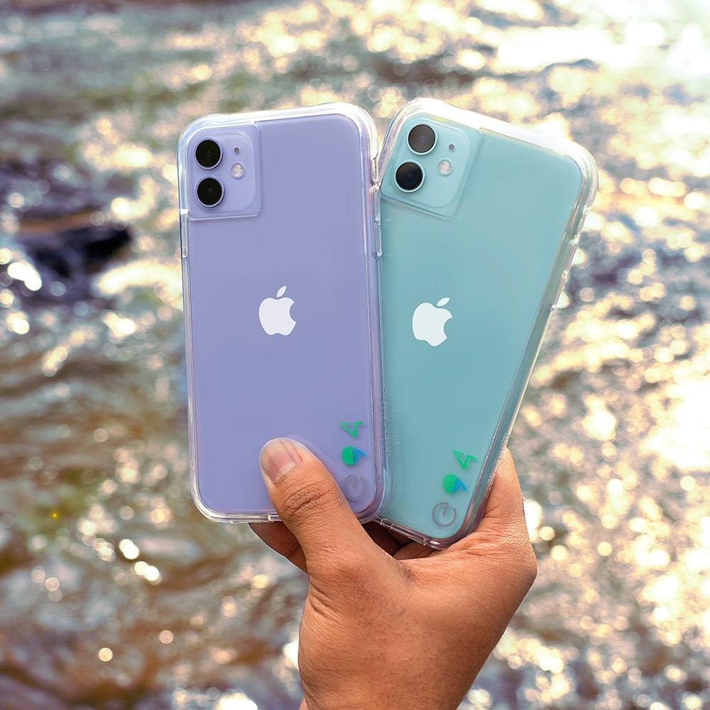 Clear iPhone 11 Pro case shown on purple and green phones. color::co-Clear