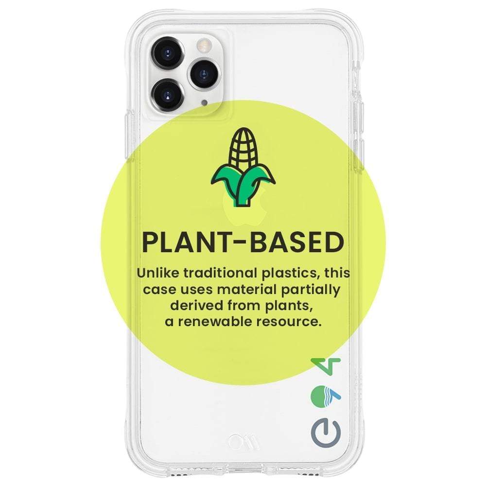 Plant-Based. Unlike traditional plastics, this case uses material partially derived from plants, a renewable resource. color::Eco-Clear