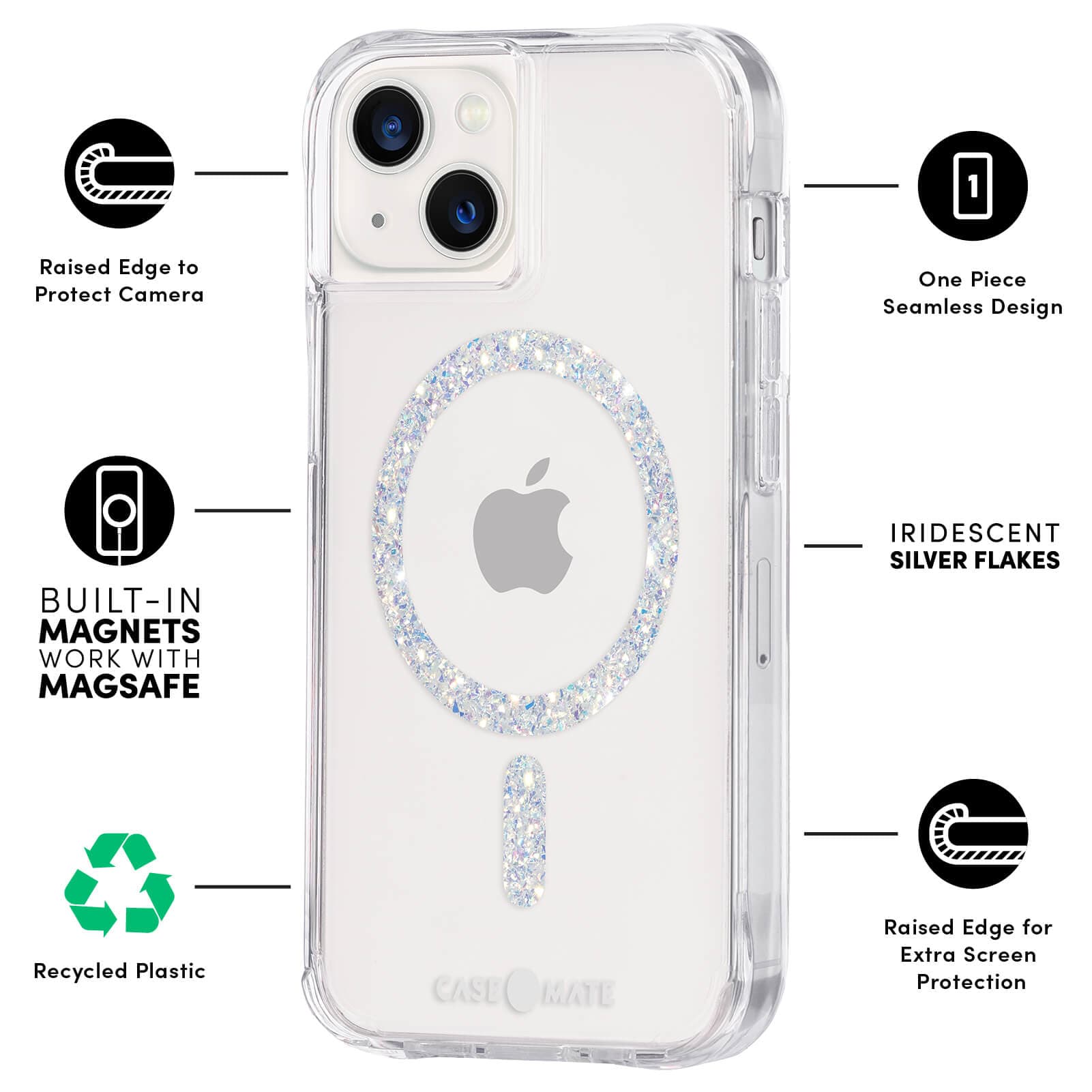 FEATURES: RAISED EDGE TO PROTECT CAMERA, BUILT IN MAGNETS WORK WITH MAGSAFE, RECYCLED PLASTIC, ONE PIECE SEAMLESS DESIGN, IRIDESCENT SILVER FLAKES, RAISED EDGE FOR EXTRA SCREEN PROTECTION. COLOR::TWINKLE STARDUST