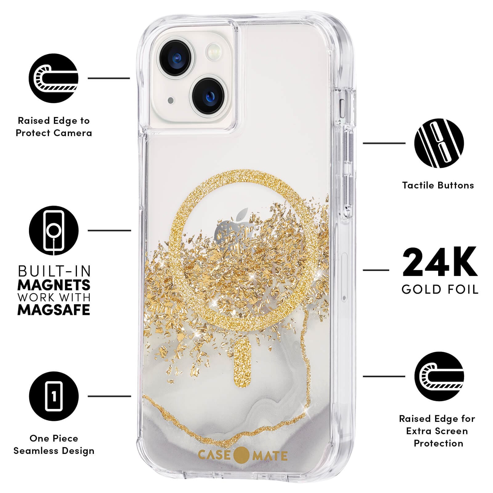 FEATURES: RAISED EDGE TO PROTECT CAMERA, BUILT IN MAGNETS WORK WITH MAGSAFE, ONE PIECE SEAMLESS DESIGN, TACTILE BUTTONS, 24K GOLD FOIL,RAISED EDGE FOR EXTRA SCREEN PROTECTION. COLOR::KARAT MARBLE