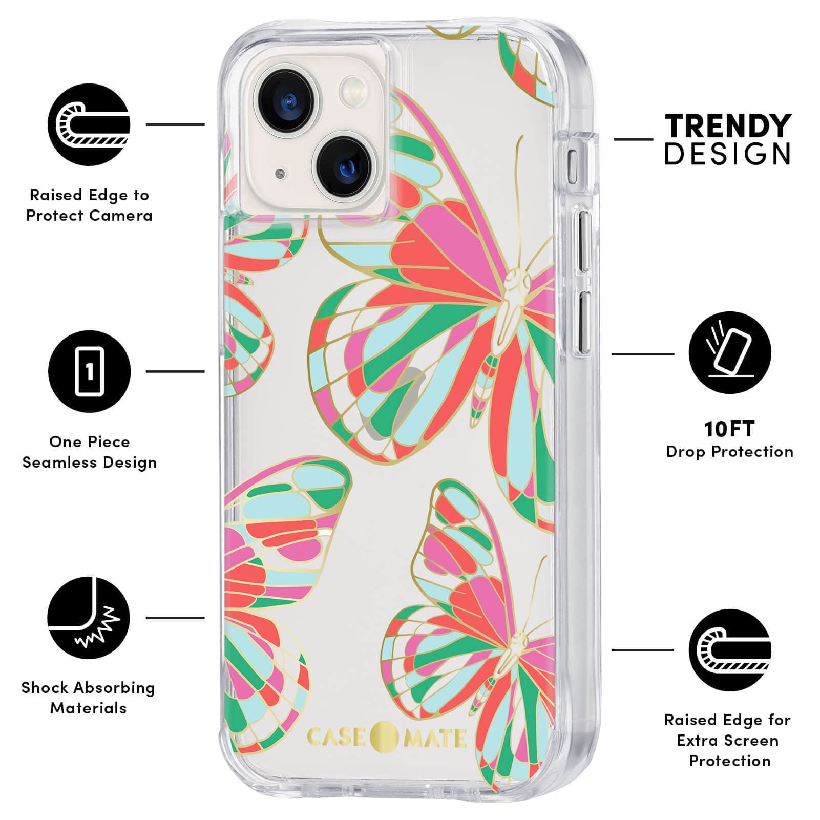 FEATURES: RAISED EDGE TO PROTECT CAMERA, ONE PIECE SEAMLESS DESIGN, SHOCK ABSORBING MATERIALS, TRENDY DESIGN, 10 FT DROP PROTECTION, RAISED EDGE FOR EXTRA SCREEN PROTECTION. COLOR::BUTTERFLIES