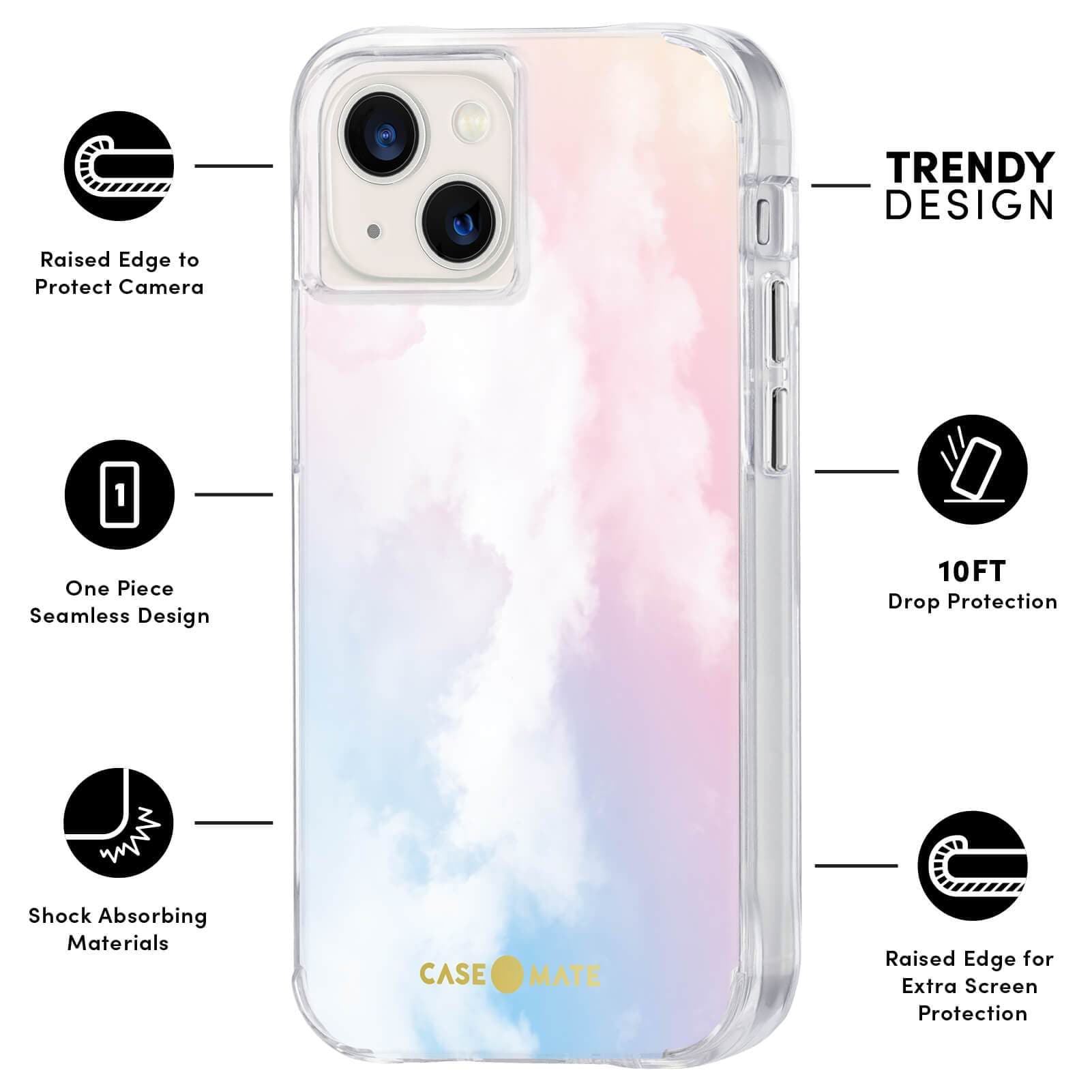 FEATURES: RAISED EDGE TO PROTECT CAMERA, ONE PIECE SEAMLESS DESIGN, SHOCK ABSORBING MATERIALS, TRENDY DESIGN, 10FT DROP PROTECTION, RAISED EDGE FOR EXTRA SCREEN PROTECTION. COLOR::CLOUD 9
