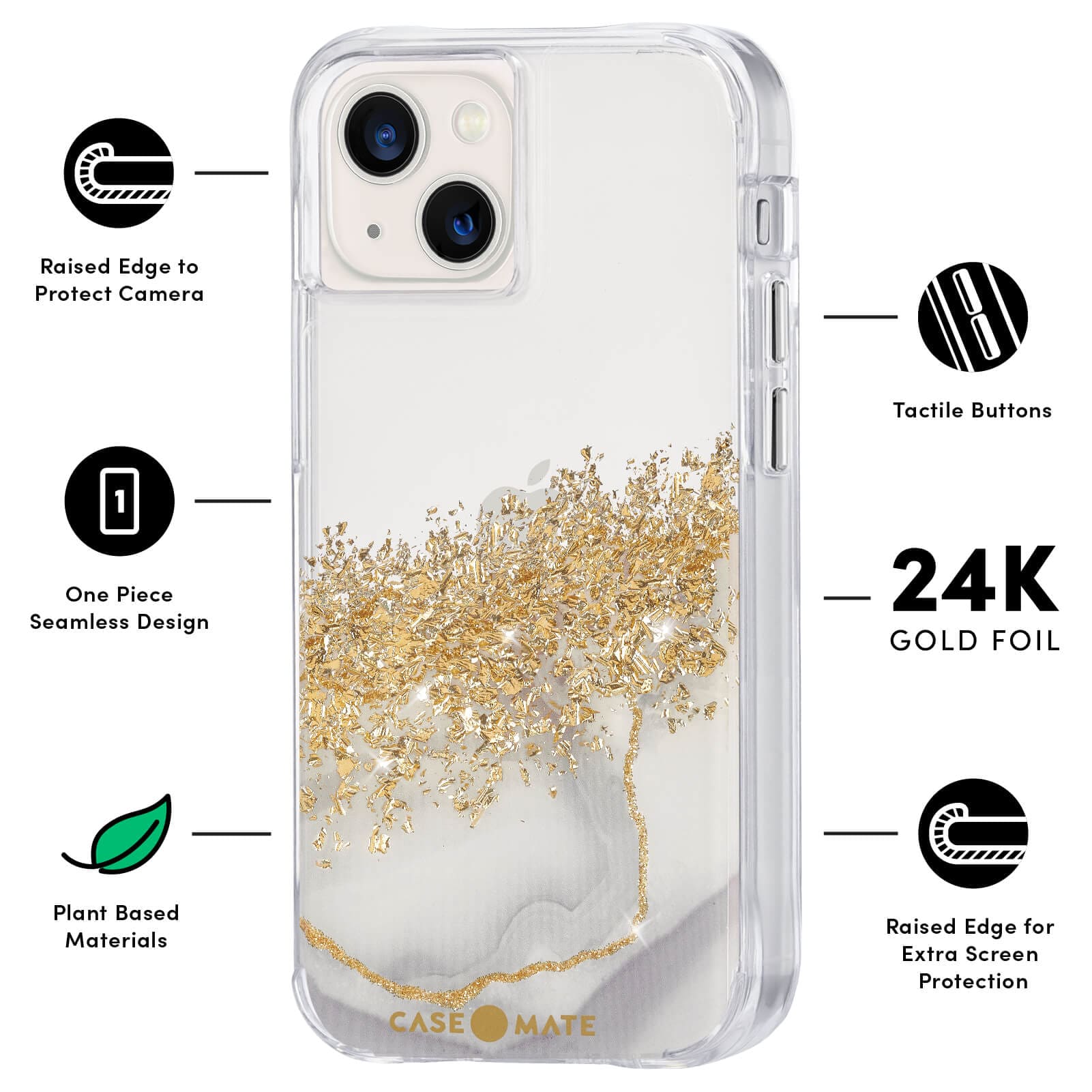 FEATURES: RAISED EDGE TO PROTECT CAMERA, ONE PIECE SEAMLESS DESIGN, PLANT BASED MATERIALS, TACTILE BUTTONS, 24K GOLD FOIL, RAISED EDGE FOR EXTRA SCREEN PROTECTION. COLOR::KARAT MARBLE