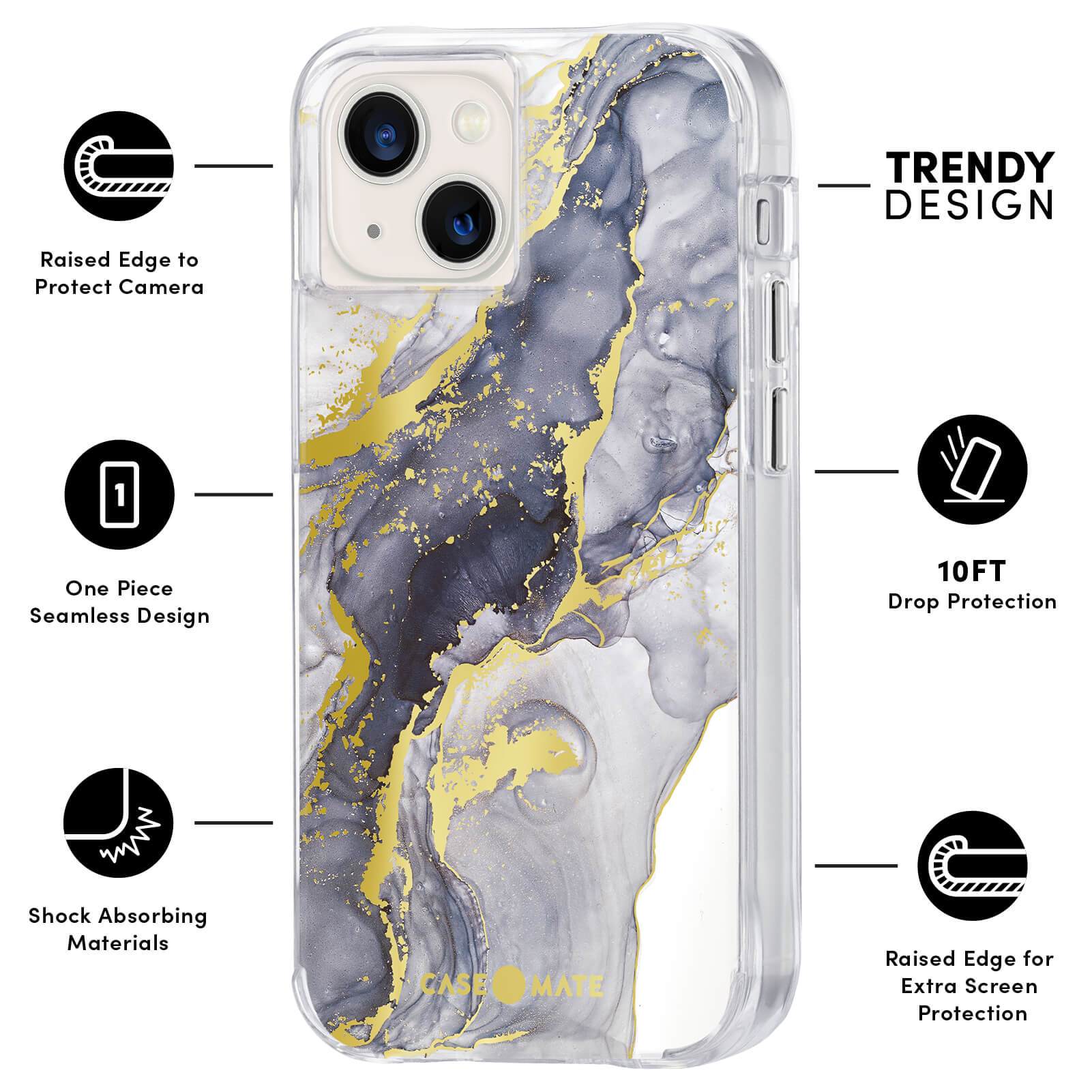 FEATURES: RAISED EDGE TO PROTECT CAMERA, ONE PIECE SEAMLESS DESIGN, SHOCK ABSORBING MATERIALS, TRENDY DESIGN, 10FT DROP PROTECTION, RAISED EDGE FOR EXTRA SCREEN PROTECTION. COLOR::NAVY MARBLE