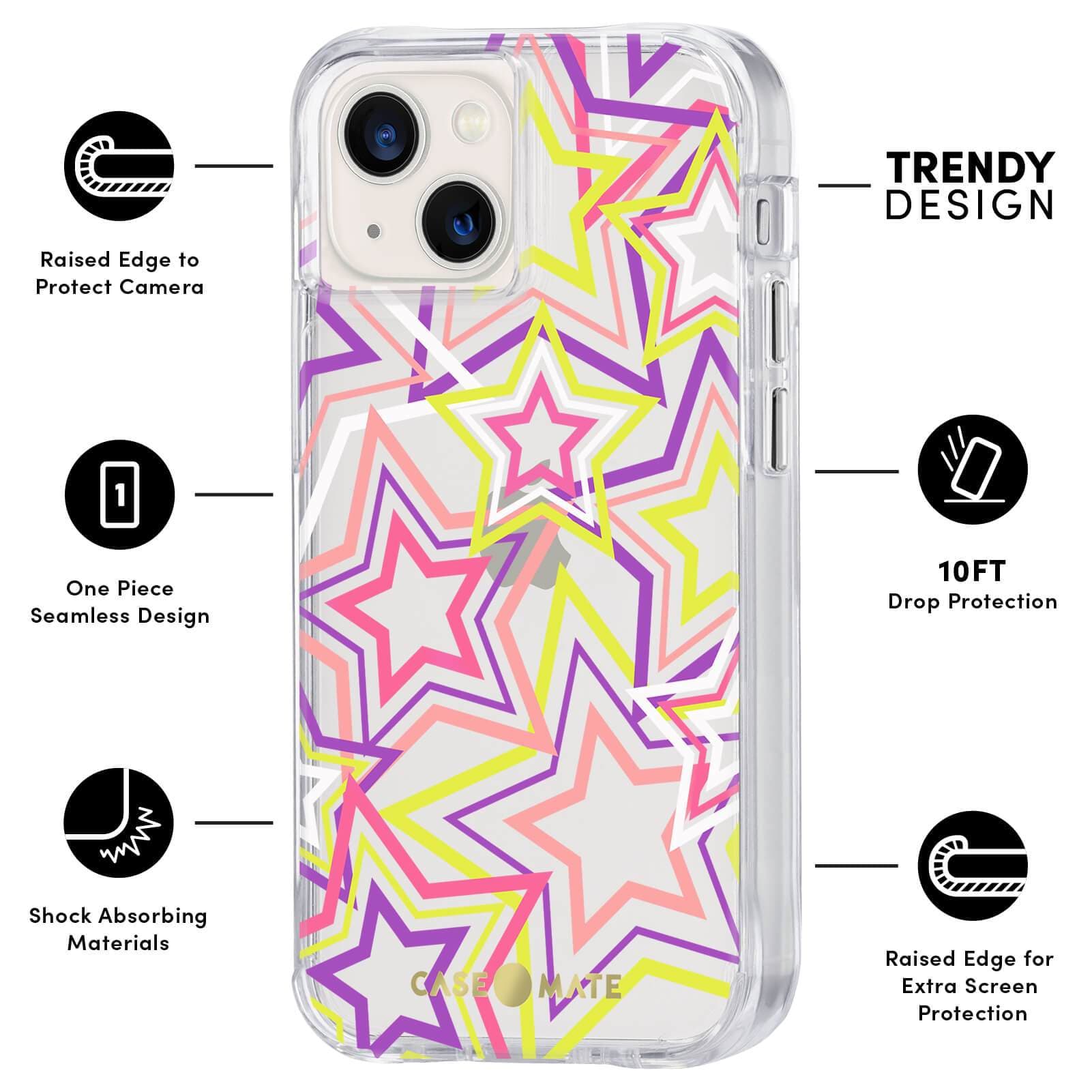 FEATURES: RAISED EDGE TO PROTECT CAMERA, ONE PIECE SEAMLESS DESIGN, SHOCK ABSORBING MATERIALS, TRENDY DESIGN, 10FT DROP PROTECTION, RAISED EDGE FOR EXTRA SCREEN PROTECTION. COLOR::NEON STARS