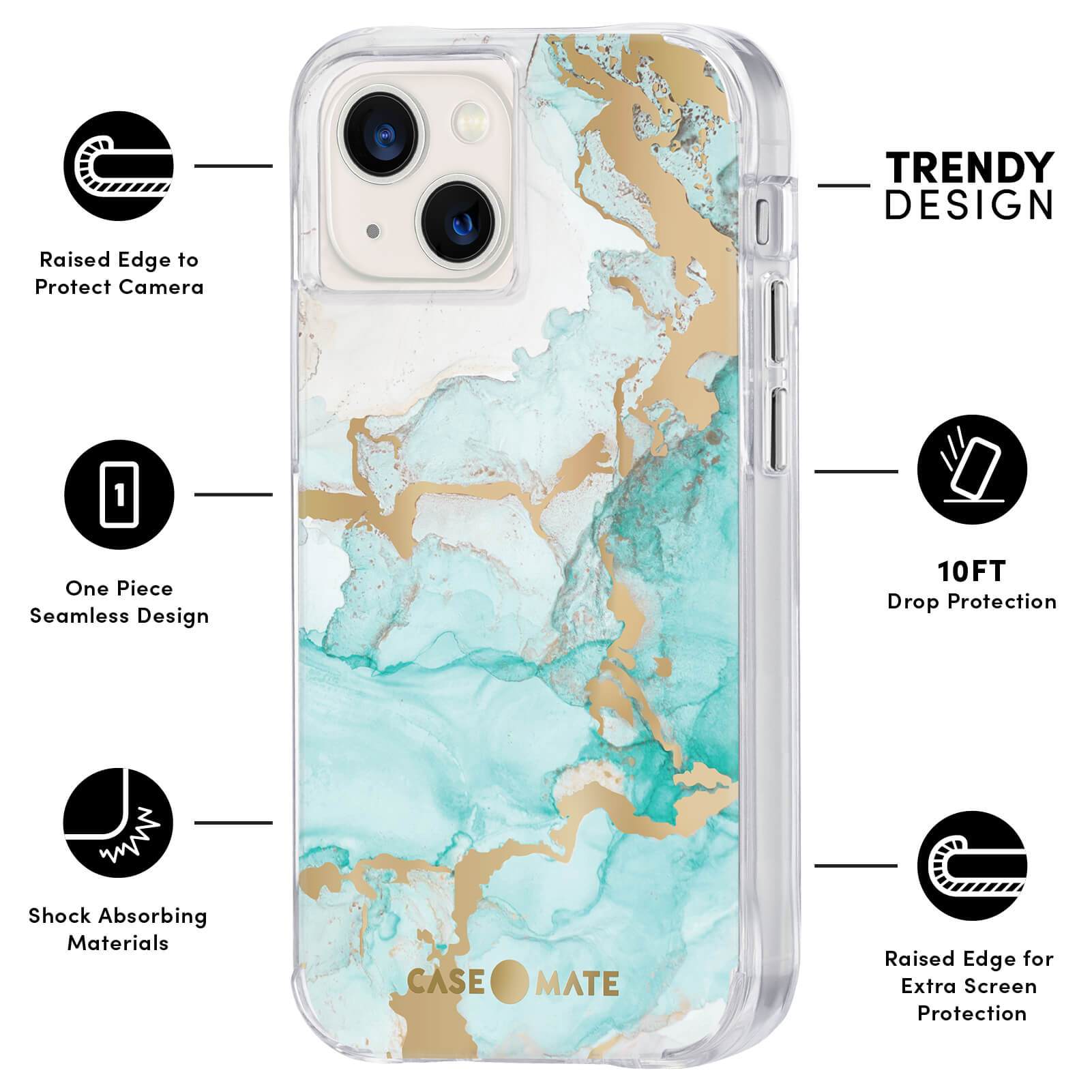 FEATURES: RAISED EDGE TO PROTECT CAMERA, ONE PIECE SEAMLESS DESIGN, SHOCK ABSORBING MATERIALS, TRENDY DESIGN, 10 FT DROP PROTECTION, RAISED EDGE FOR EXTRA SCREEN PROTECTION. COLOR::OCEAN MARBLE