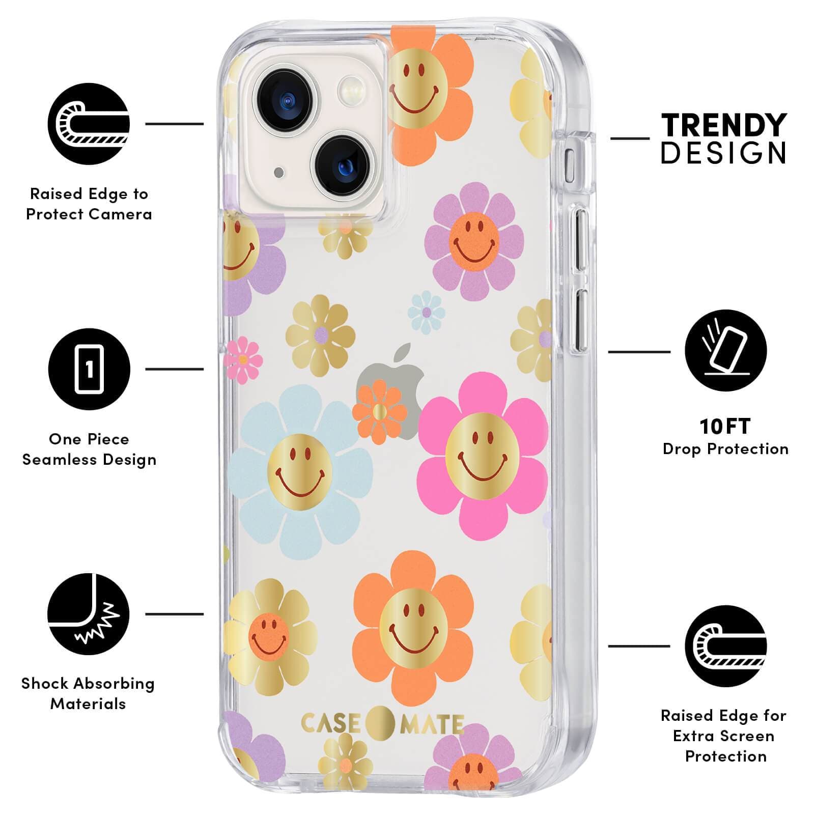 FEATURES: RAISED EDGE TO PROTECT CAMERA, ONE PIECE SEAMLESS DESIGN, SHOCK ABSORBING MATERIALS, TRENDY DESIGN, 10 FT DROP PROTECTION, RAISED EDGE FOR EXTRA SCREEN PROTECTION. COLOR::RETRO FLOWERS