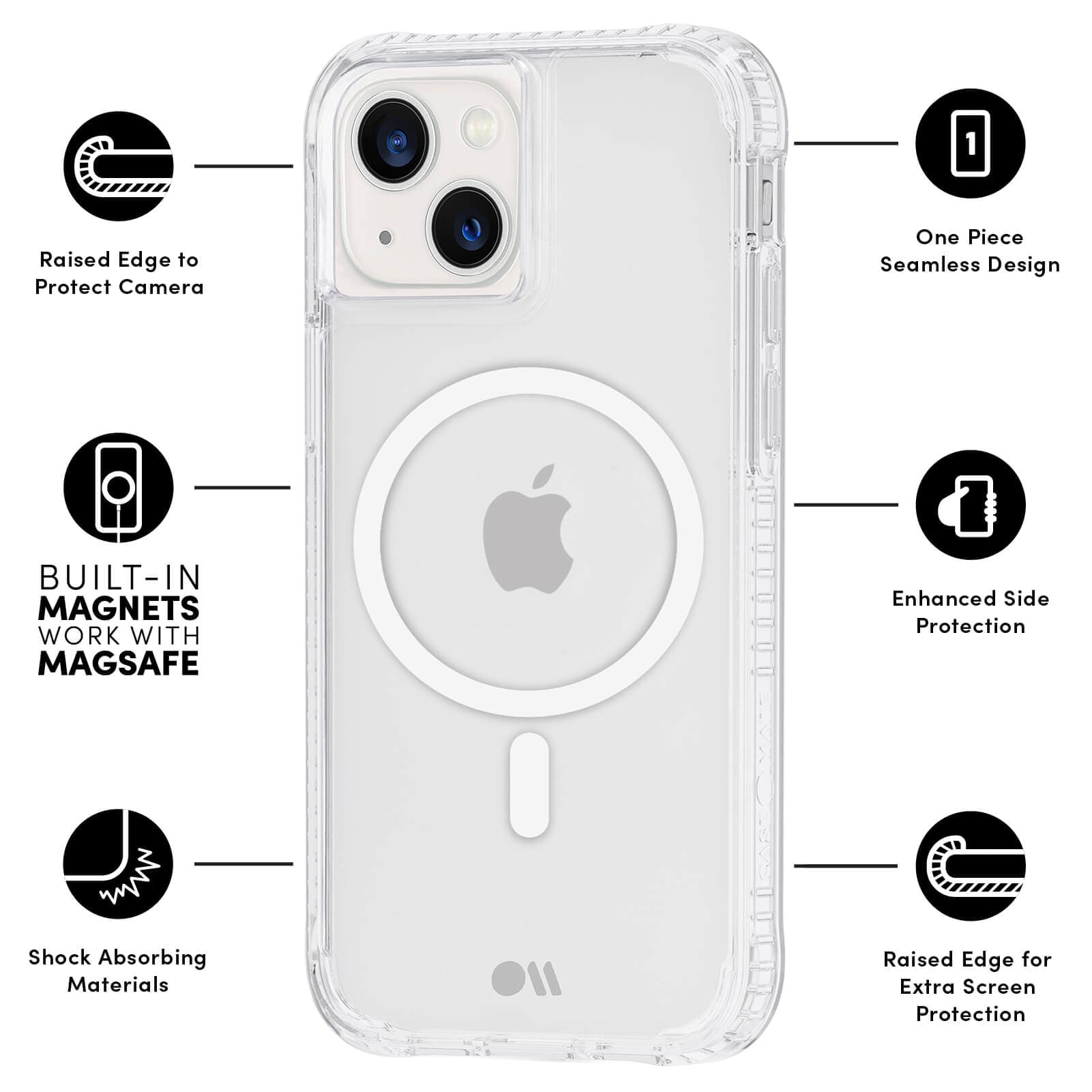 FEATURES: RAISED EDGE TO PROTECT CAMERA, BUILT IN MAGNETS WORK WITH MAGSAFE, SHOCK ABSORBING MATERIALS, ONE PIECE SEAMLESS DESIGN, ENHANCED SIDE PROTECTION, RAISED EDGE FOR EXTRA SCREEN PROTECTION. COLOR::CLEAR