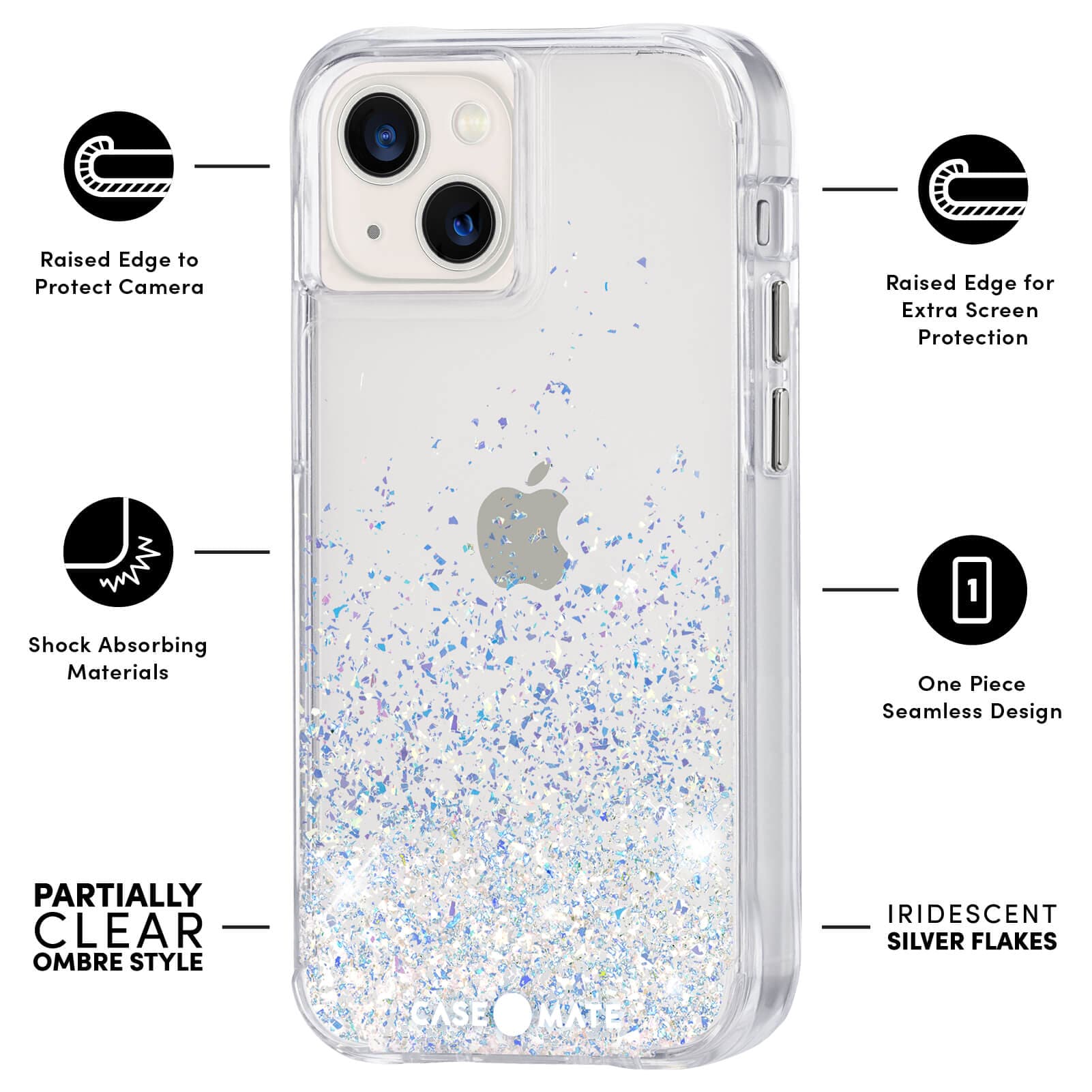 FEATURES: RAISED EDGE TO PROTECT CAMERA, SHOCK ABSORBING MATERIALS, PARTIALLY CLEAR OMBRE STYLE, RAISED EDGE FOR EXTRA SCREEN PROTECTION, ONE PIECE SEAMLESS DESIGN, IRIDESCENT SILVER FLAKES. COLOR::TWINKLE STARDUST