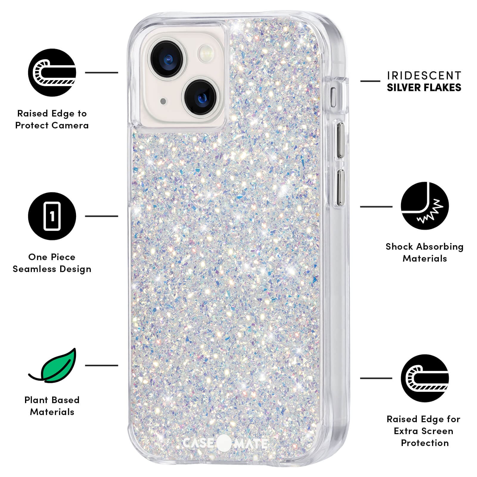FEATURES: RAISED EDGE TO PROTECT CAMERA, ONE PIECE SEAMLESS DESIGN, PLANT BASED MATERIALS, IRIDESCENT SILVER FLAKES, SHOCK ABSORBING MATERIALS, RAISED EDGE FOR EXTRA SCREEN PROTECTION. COLOR::TWINKLE STARDUST