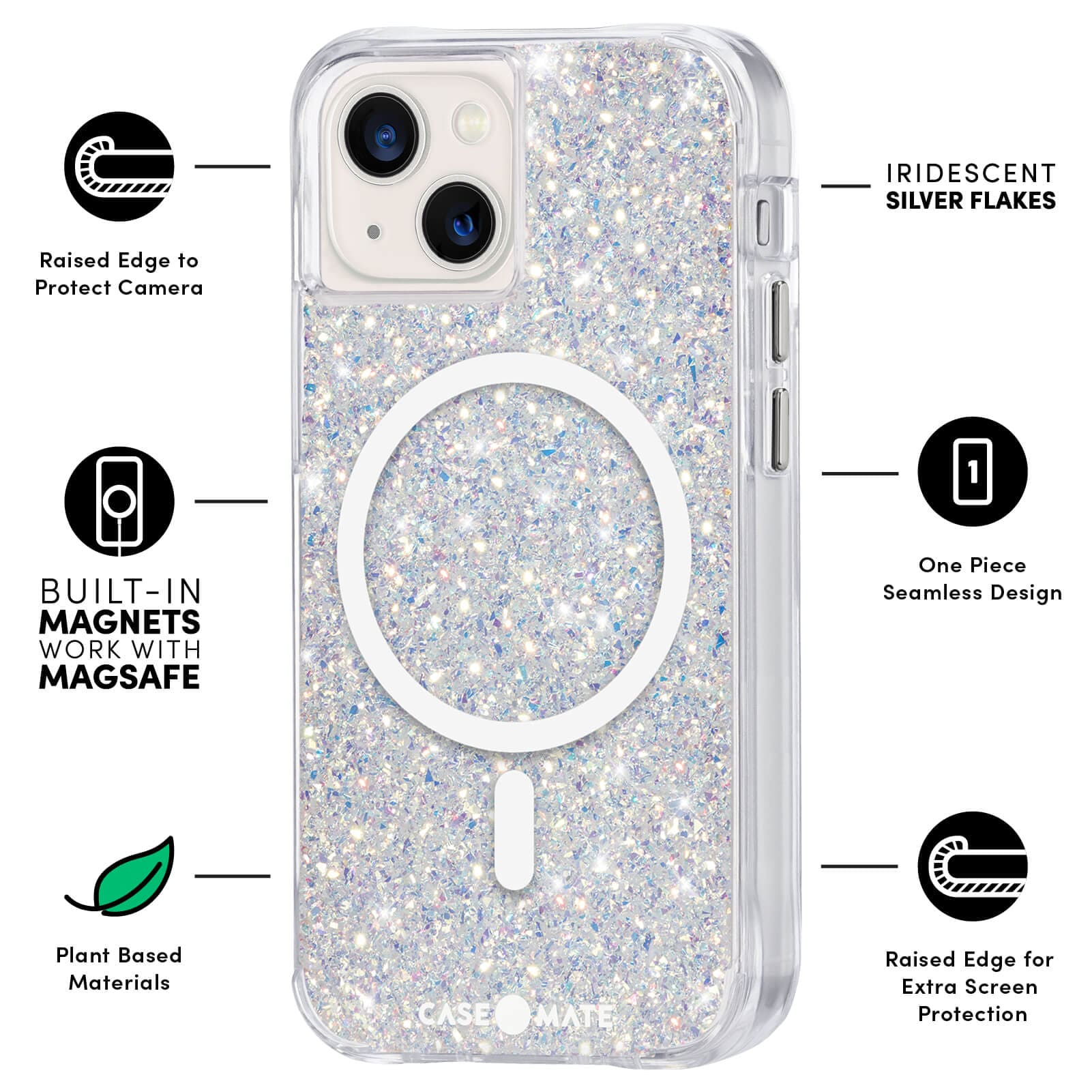 FEATURES: RAISED EDGE TO PROTECT CAMERA, BUILT IN MAGNETS WORK WITH MAGSAFE, PLANT BASED MATERIALS, IRIDESCENT SILVER FLAKES, ONE PIECE SEAMLESS DESIGN, RAISED EDGE FOR EXTRA SCREEN PROTECTION. COLOR::TWINKLE STARDUST