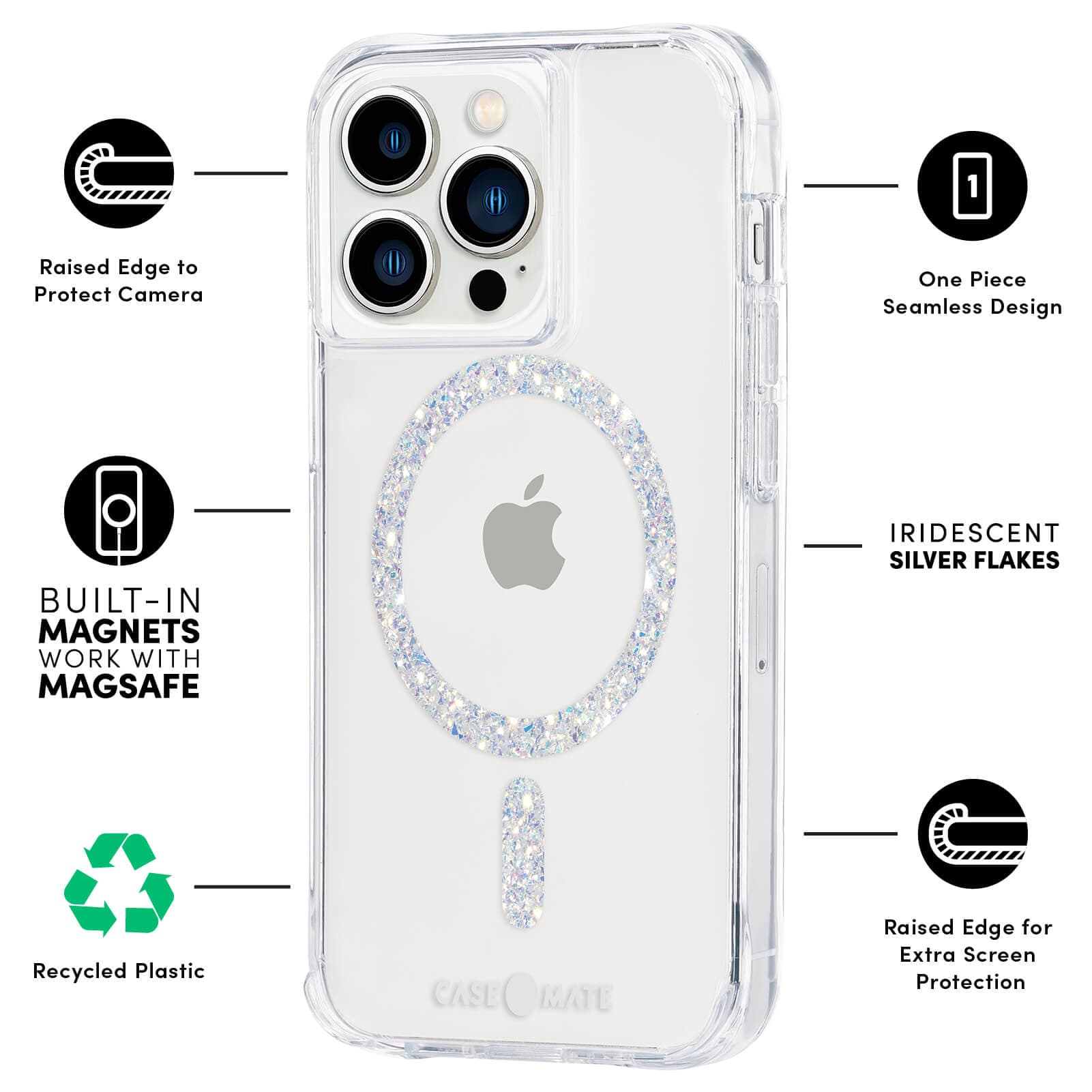 FEATURES: RAISED EDGE TO PROTECT CAMERA, BUILT IN MAGNETS WORK WITH MAGSAFE, RECYCLED PLASTIC, ONE PIECE SEAMLESS DESIGN, IRIDESCENT SILVER FLAKES, RAISED EDGE FOR EXTRA SCREEN PROTECTION. COLOR::TWINKLE STARDUST