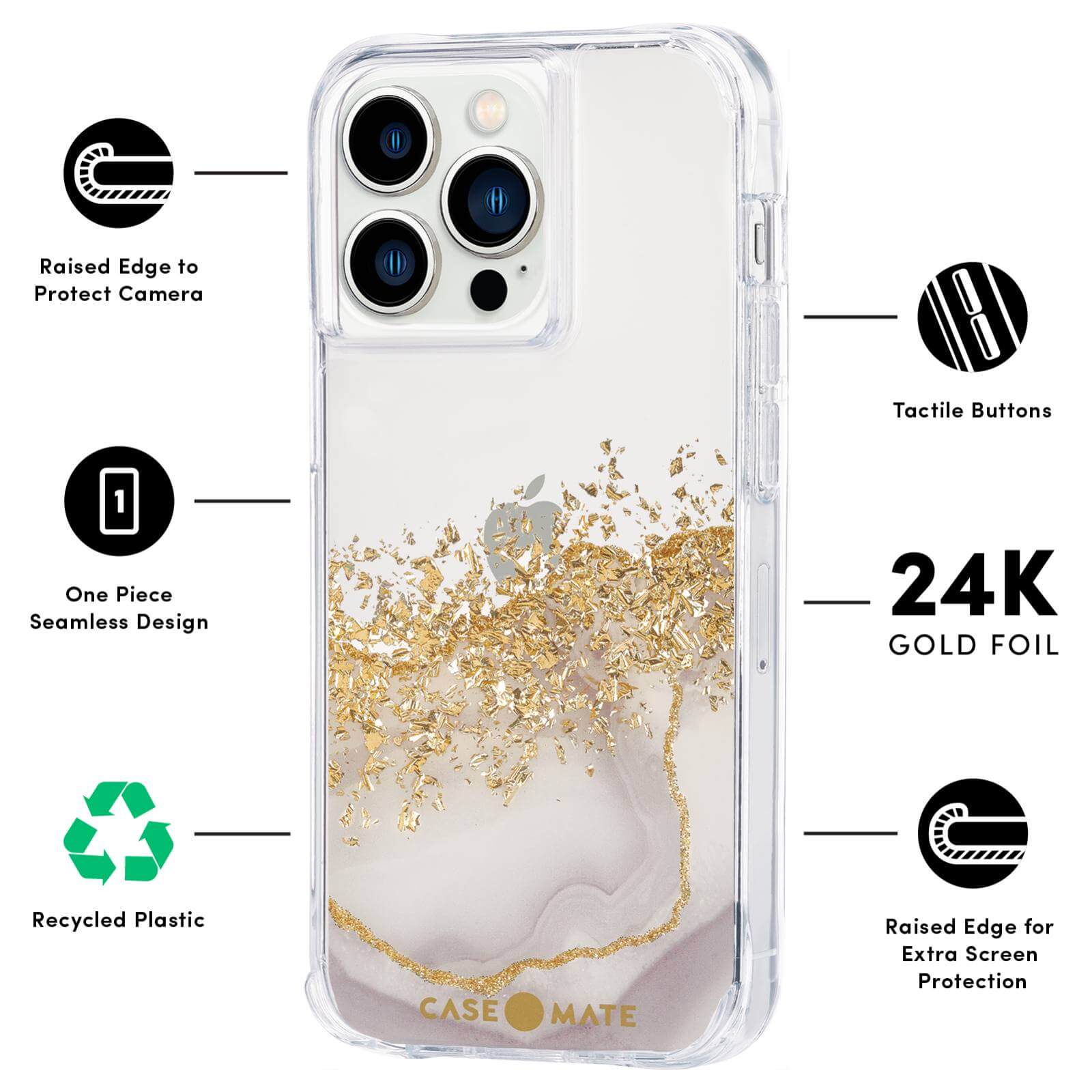 FEATURES RAISED EDGE TO PROTECT CAMERA, ONE PIECE SEAMLESS DESIGN, RECYCLED PLASTIC, TACTILE BUTTONS, 24K GOLD FOIL, RAISED EDGE FOR EXTRA SCREEN PROTECTION. COLOR::KARAT MARBLE