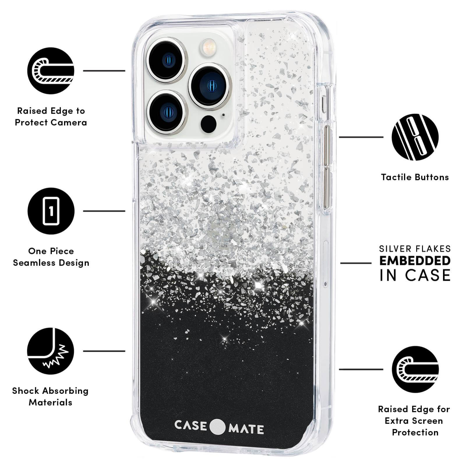 FEATURES: RAISED EDGE TO PROTECT CAMERA, ONE PIECE SEAMLESS DESIGN, SHOCK ABSORBING MATERIALS, TACTILE BUTTONS, SILVER FLAKES EMBEDDED IN CASE, RAISED EDGE FOR EXTRA SCREEN PROTECTION. COLOR::KARAT ONYX