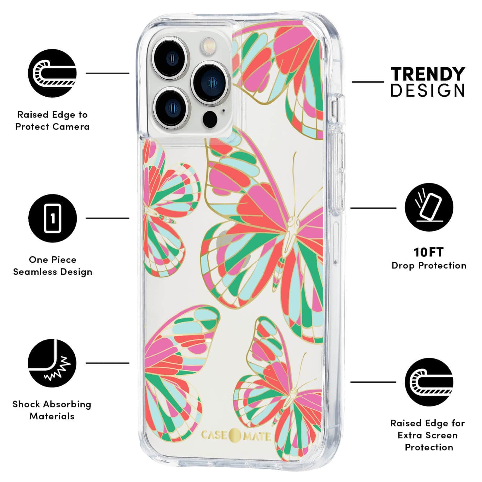 FEATURES: RAISED CAMERA TO PROTECT CAMERA, ONE PIECE SEAMLESS DESIGN, SHOCK ABSORBING MATERIALS, TRENDY DESIGN, 10 FT DROP PROTECTION, RAISED EDGE FOR EXTRA SCREEN PROTECTION. COLOR::BUTTERFLIES