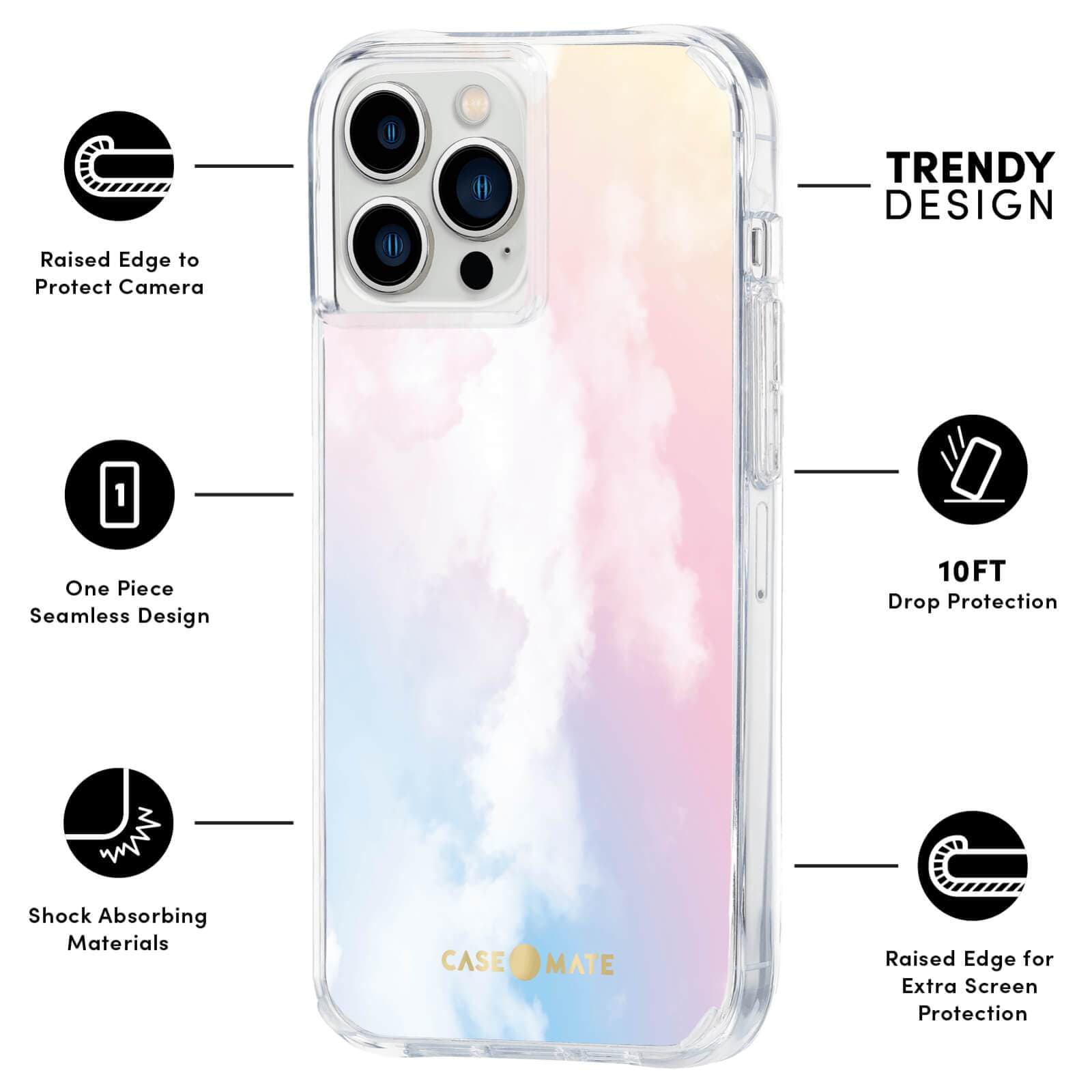 FEATURES: RAISED CAMERA TO PROTECT CAMERA, ONE PIECE SEAMLESS DESIGN, SHOCK ABSORBING MATERIALS, TRENDY DESIGN, 10 FT DROP PROTECTION, RAISED EDGE FOR EXTRA SCREEN PROTECTION. COLOR::CLOUD 9