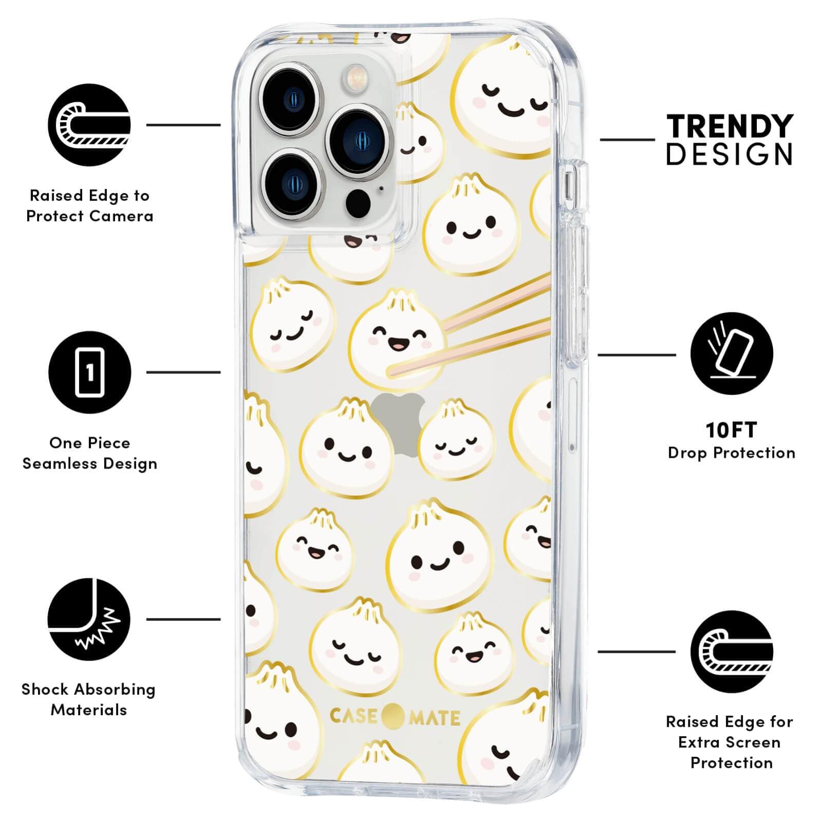 FEATURES: RAISED CAMERA TO PROTECT CAMERA, ONE PIECE SEAMLESS DESIGN, SHOCK ABSORBING MATERIALS, TRENDY DESIGN, 10 FT DROP PROTECTION, RAISED EDGE FOR EXTRA SCREEN PROTECTION. COLOR::CUTE AS A DUMPLING