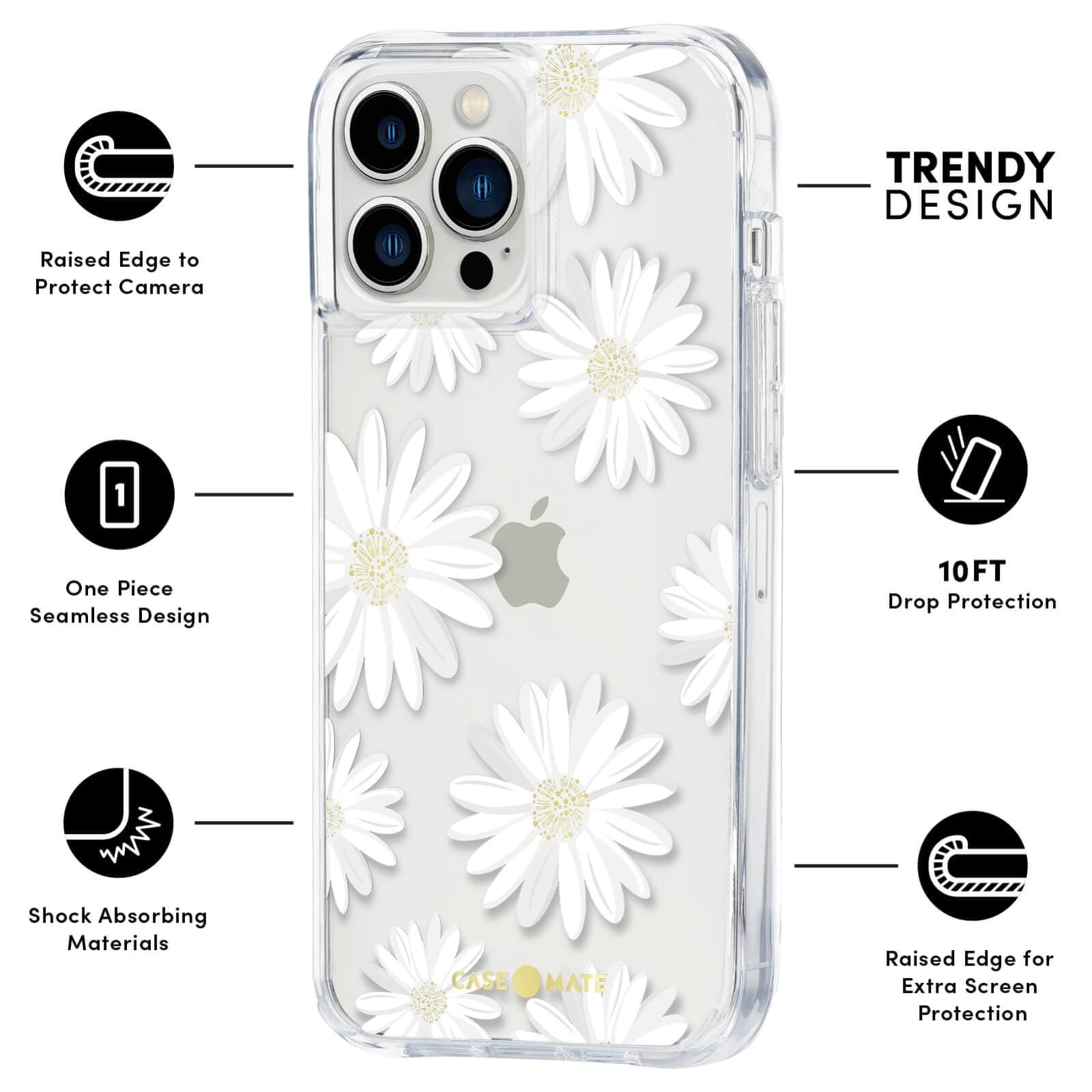 FEATURES: RAISED CAMERA TO PROTECT CAMERA, ONE PIECE SEAMLESS DESIGN, SHOCK ABSORBING MATERIALS, TRENDY DESIGN, 10 FT DROP PROTECTION, RAISED EDGE FOR EXTRA SCREEN PROTECTION. COLOR::GLITTER DAISIES