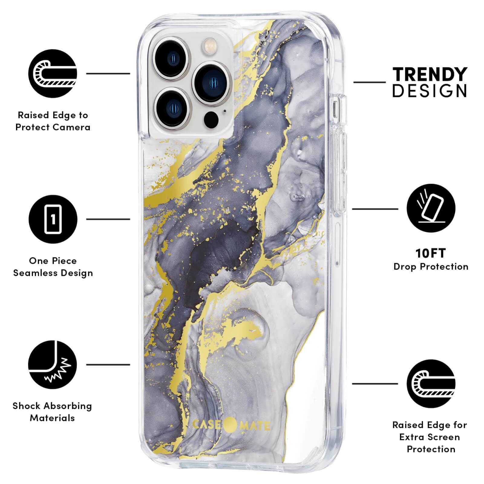 FEATURES: RAISED CAMERA TO PROTECT CAMERA, ONE PIECE SEAMLESS DESIGN, SHOCK ABSORBING MATERIALS, TRENDY DESIGN, 10 FT DROP PROTECTION, RAISED EDGE FOR EXTRA SCREEN PROTECTION. COLOR::NAVY MARBLE
