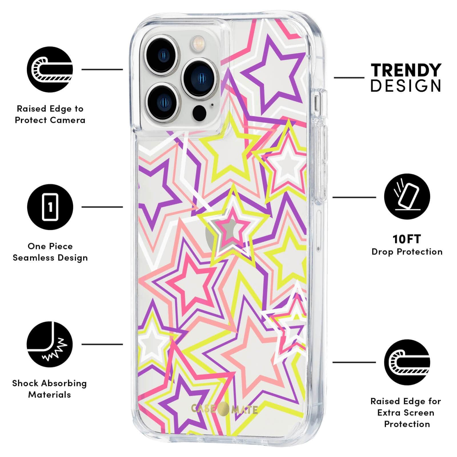 FEATURES: RAISED CAMERA TO PROTECT CAMERA, ONE PIECE SEAMLESS DESIGN, SHOCK ABSORBING MATERIALS, TRENDY DESIGN, 10 FT DROP PROTECTION, RAISED EDGE FOR EXTRA SCREEN PROTECTION. COLOR::NEON STARS