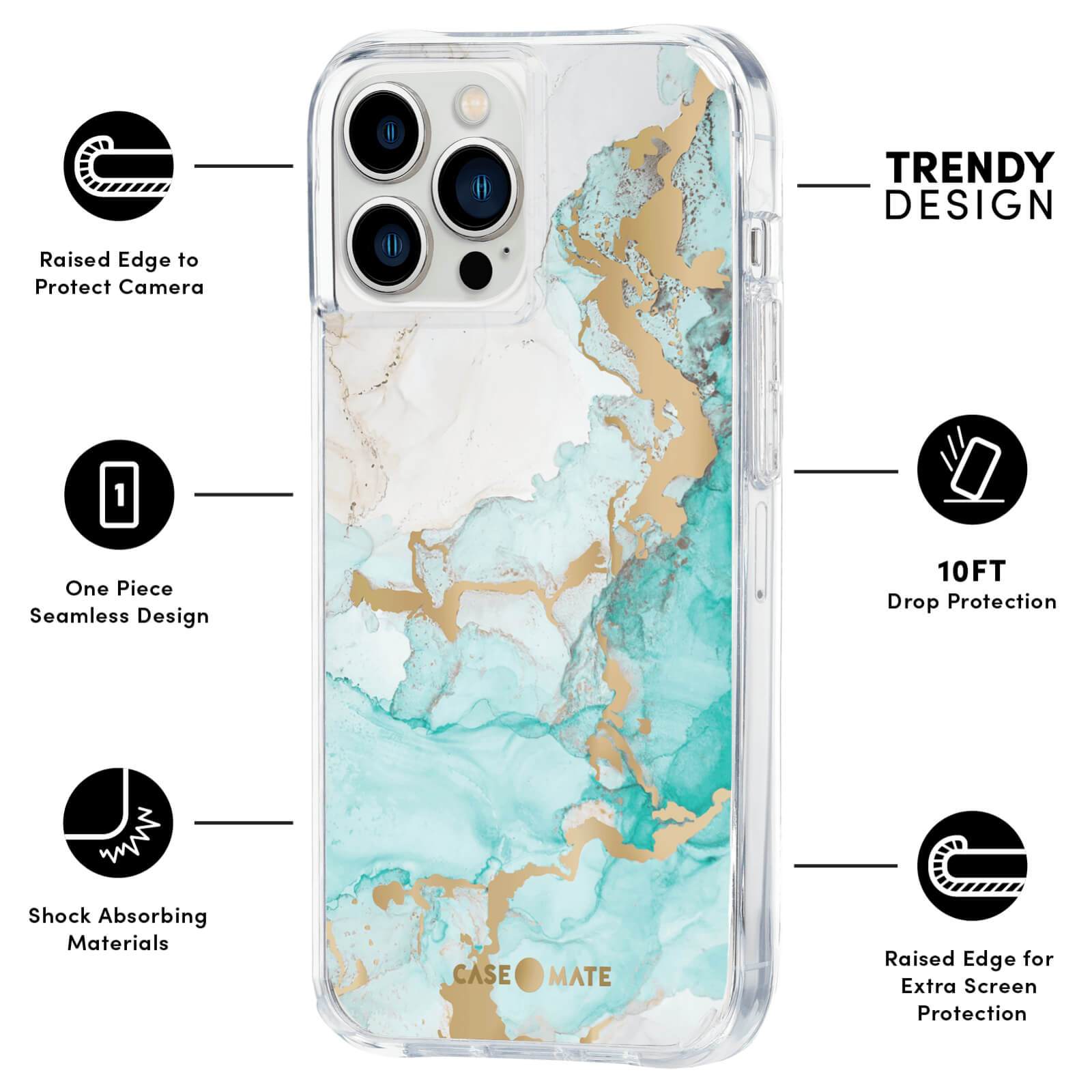 FEATURES: RAISED CAMERA TO PROTECT CAMERA, ONE PIECE SEAMLESS DESIGN, SHOCK ABSORBING MATERIALS, TRENDY DESIGN, 10 FT DROP PROTECTION, RAISED EDGE FOR EXTRA SCREEN PROTECTION. COLOR::OCEAN MARBLE