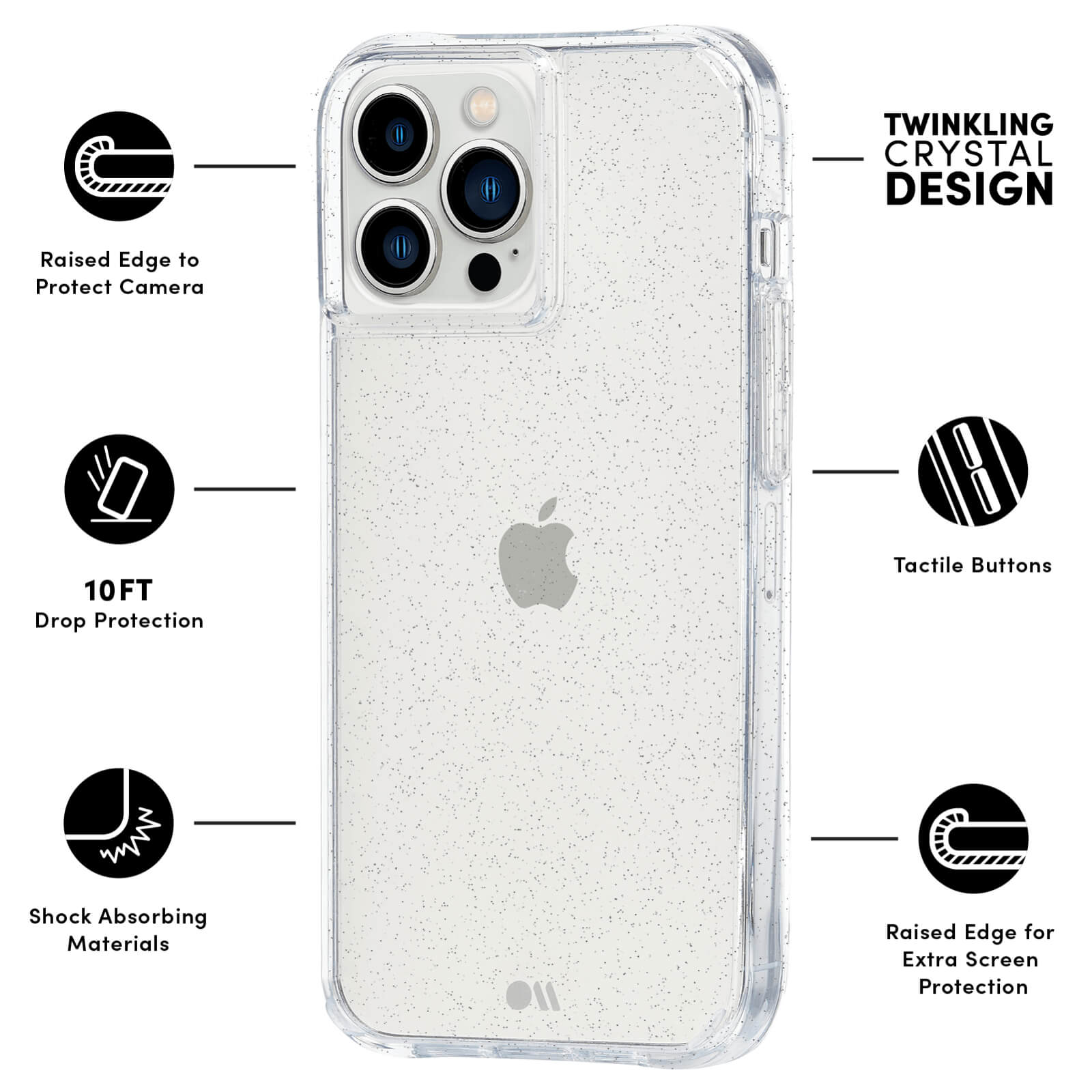 Features: raised edge to protect camera, 10 ft drop protection, shock absorbing materials, twinkling crystal design, tactile buttons, raised edge for extra screen protection. color::Clear