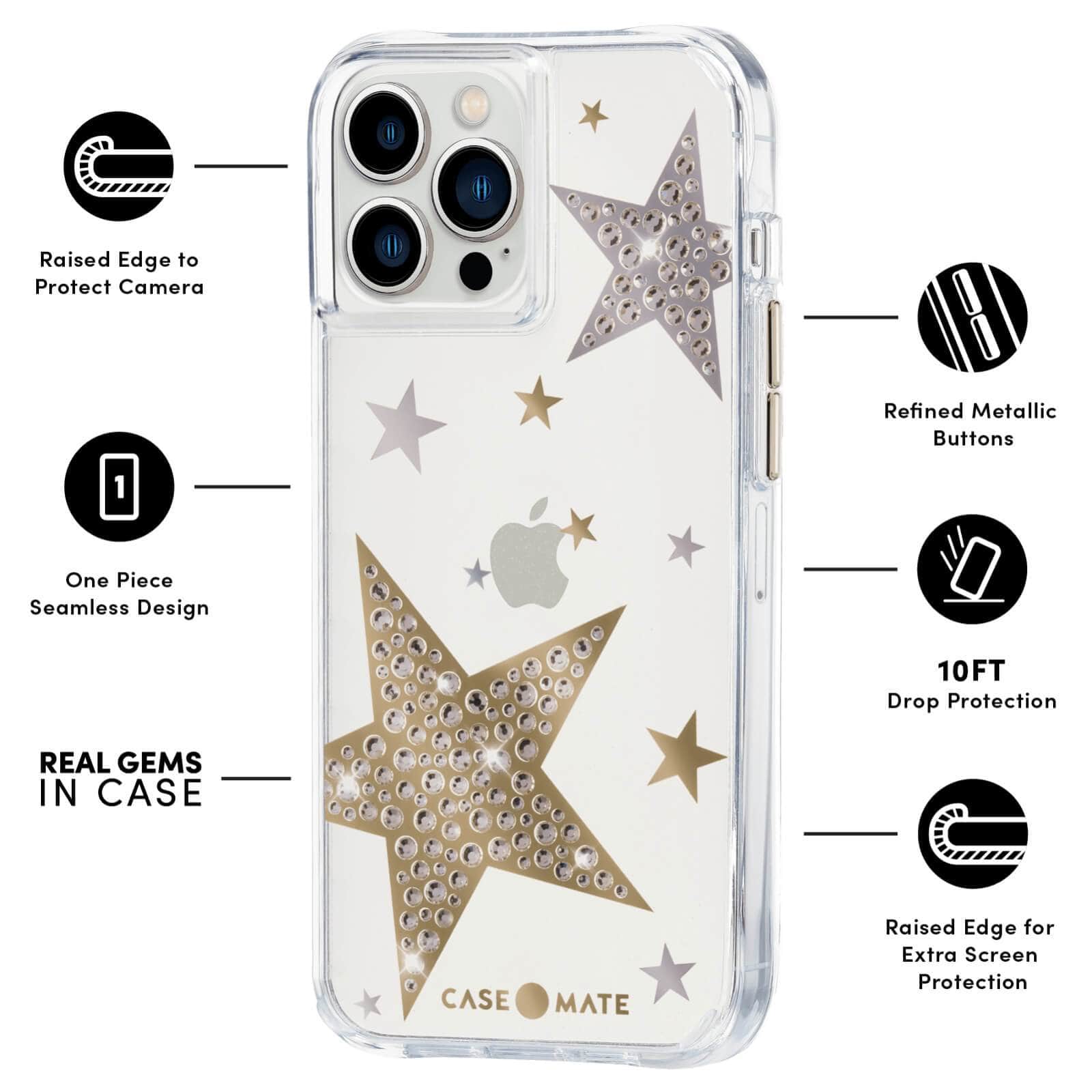 FEATURES: RAISED EDGE TO PROTECT CAMERA, ONE PIECE SEAMLESS DESIGN, REAL GEMS IN CASE, REFINED METALLIC BUTTONS, 10 FT DROP PROTECTION, RAISED EDGE FOR EXTRA SCREEN PROTECTION. COLOR::SHEER SUPERSTAR