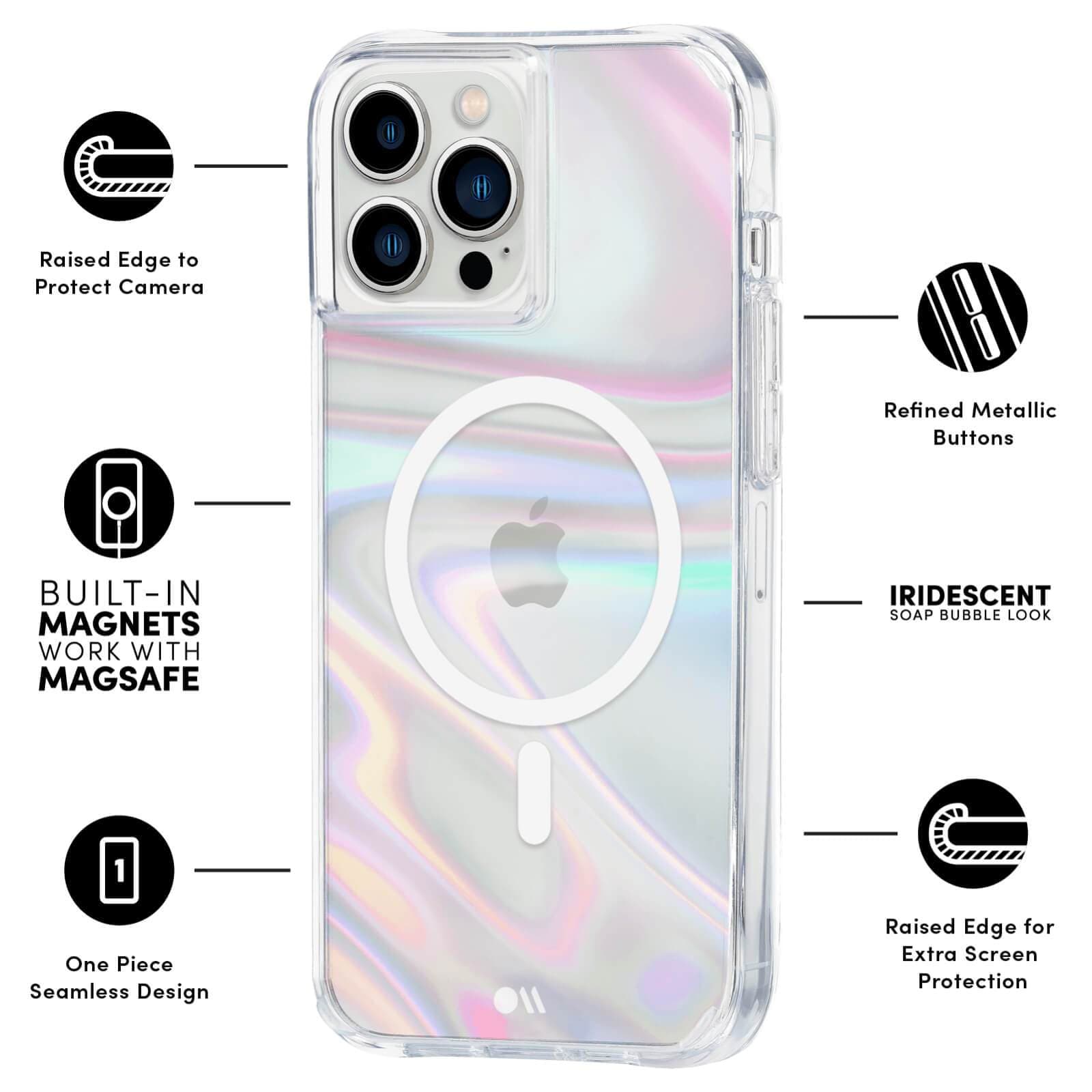 FEATURES: RAISED EDGE TO PROTECT CAMERA, BUILT-IN MAGNETS WORK WITH MASGAFE, ONE PIECE SEAMLESS DESIGN, REFINED METALLIC BUTTONS, IRIDESCENT SOAP BUBBLE LOOK, RAISED EDGE FOR EXTRA SCREEN PROTECTION. COLOR::SOAP BUBBLE