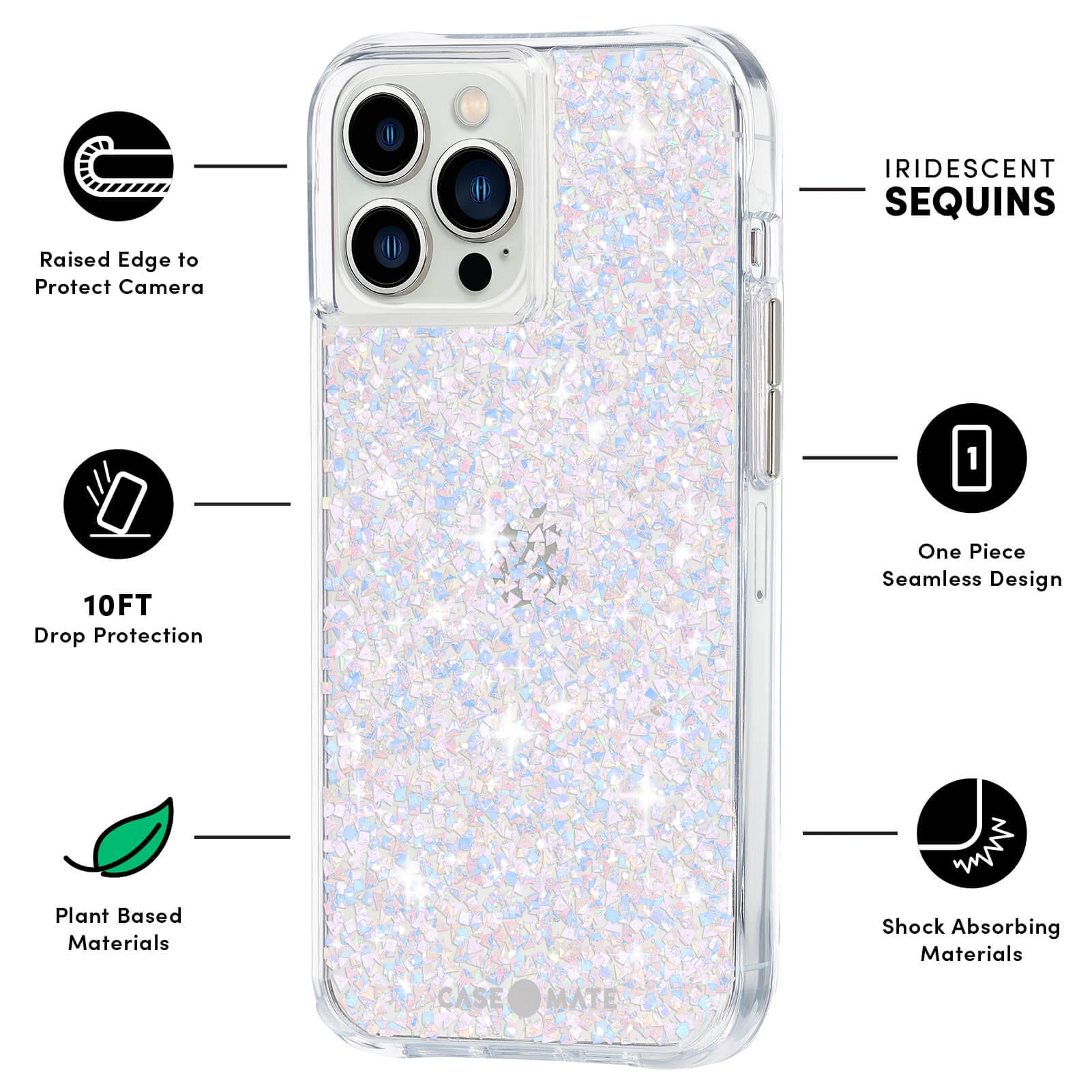 Features: raised edge to protect camera, 10 ft drop protection, plant based materials, iridescent sequins, one piece seamless design, shock absorbing materials. color::Twinkle Diamond
