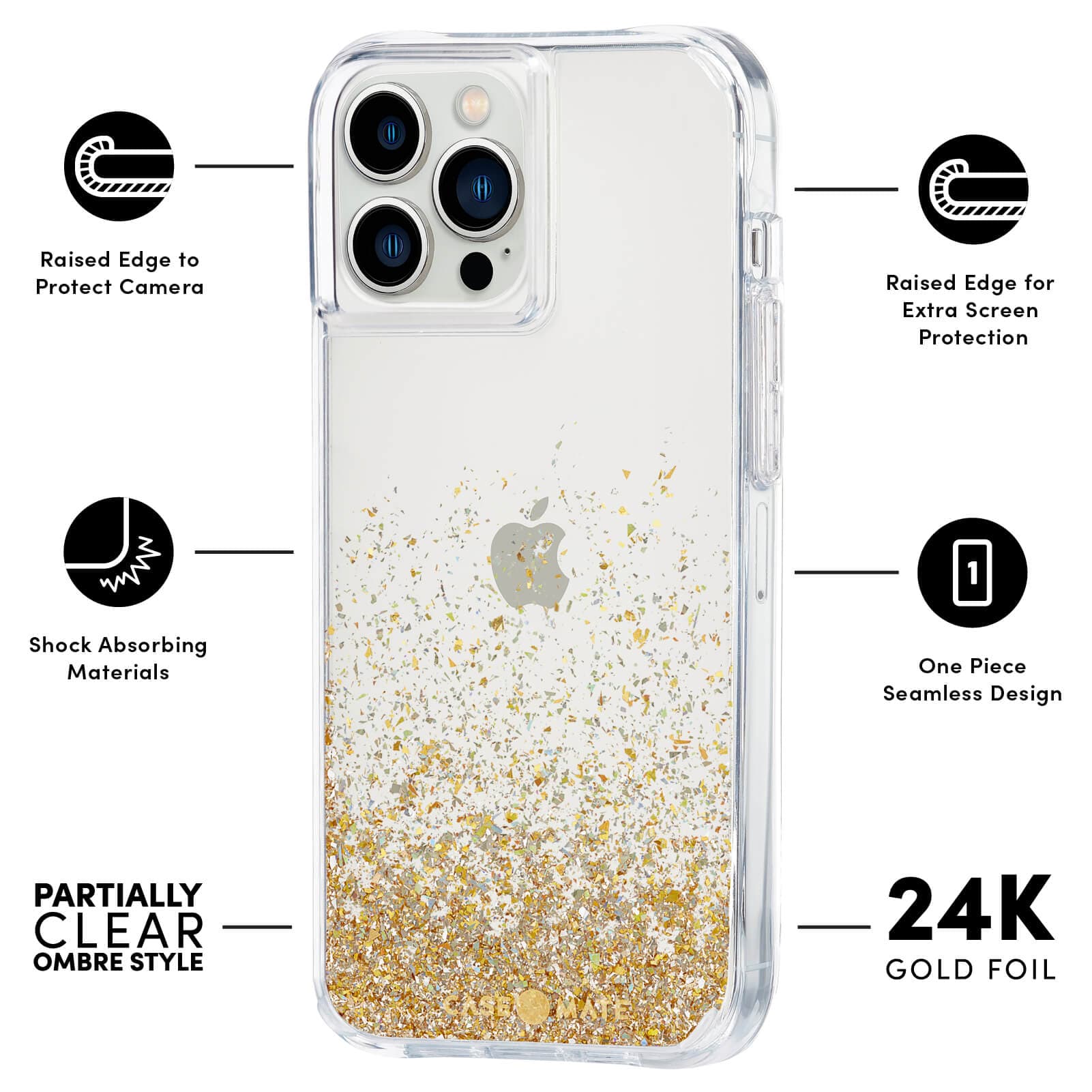 FeatureS: Raised edge to protect camera, shock absorbing materials, partially clear ombre style, raised edge for extra screen protection, one piece seamless design, 24k gold foil. color::Twinkle Gold