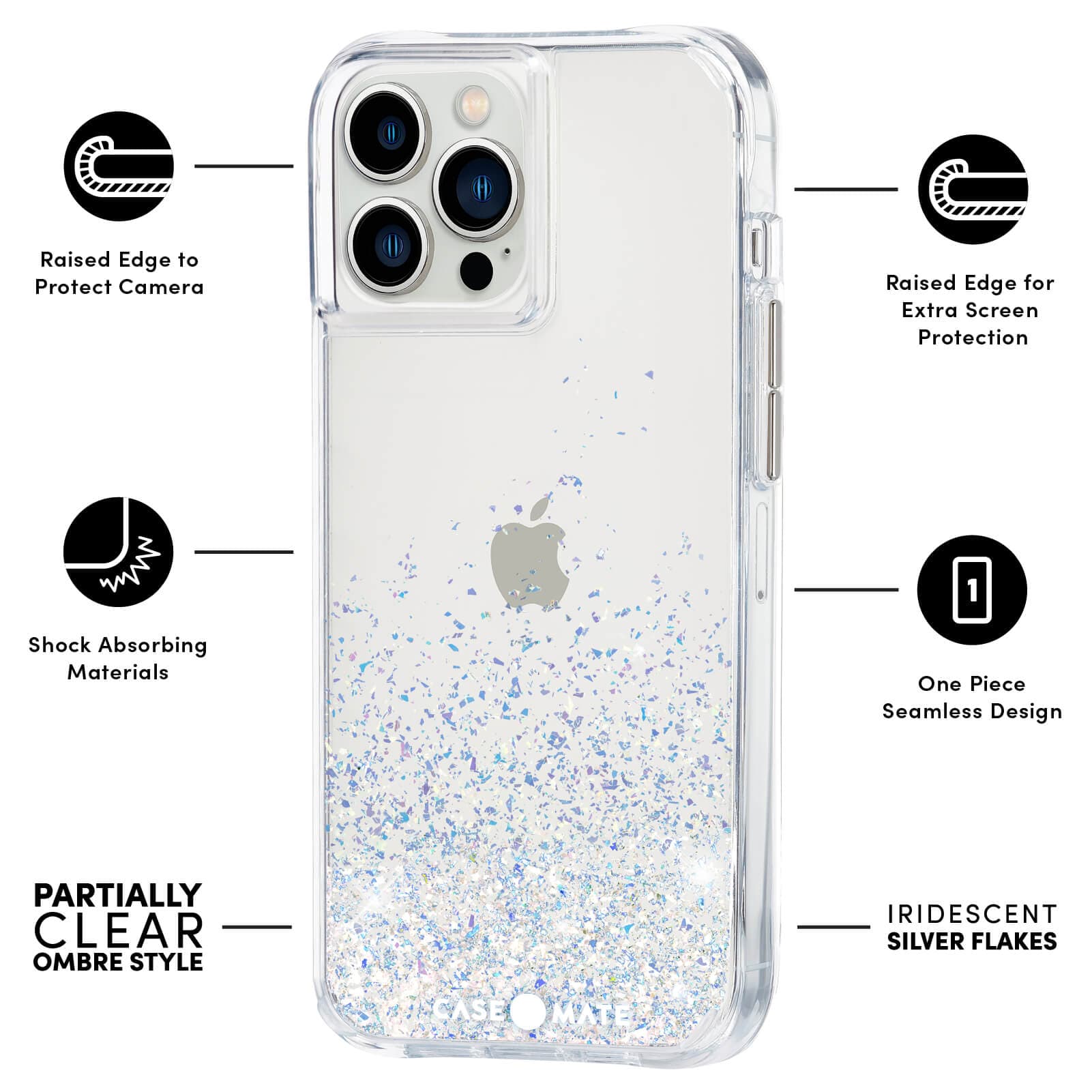 Features: raised edge to protect camera, shock absorbing materials, partially clear ombre style, raised edge for extra screen protection, one piece seamless design, iridescent silver flakes. color::Twinkle Stardust
