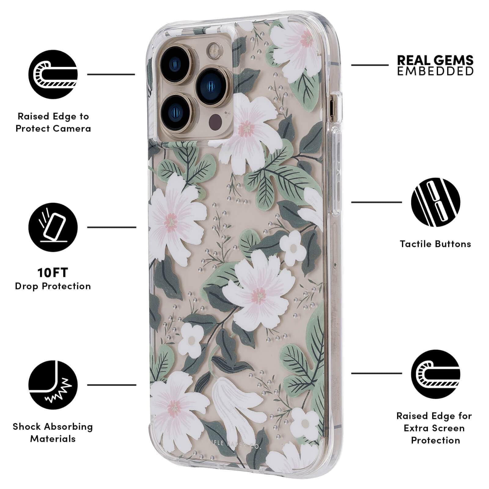 FEATURES: RAISED EDGE TO PROTECT CAMERA, 10 FT DROP PROTECTION, SHOCK ABSORBING MATERIALS, RIFLE PAPER CO. CLASSIC PRINT, TACTILE BUTTONS, RAISED EDGE FOR EXTRA SCREEN PROTECTION. COLOR::WILLOW