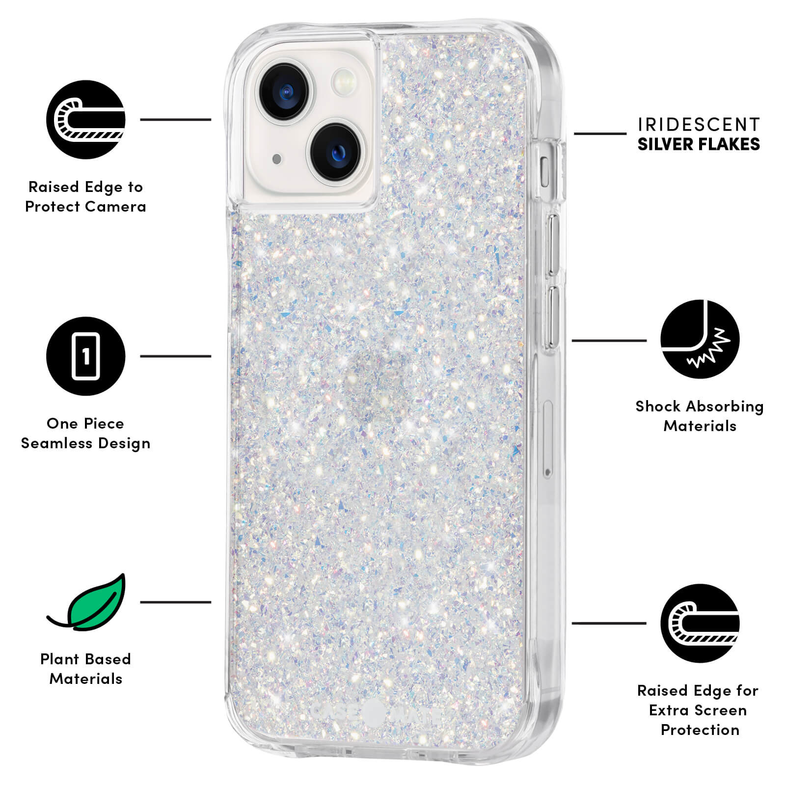FEATURES: RAISED EDGE TO PROTECT CAMERA, ONE PIECE SEAMLESS DESIGN, PLANT BASED MATERIALS, IRIDESCENT SILVER FLAKES, SHOCK ABSORBING MATERIALS, RAISED EDGE FOR EXTRA SCREEN PROTECTION. COLOR::TWINKLE STARDUST